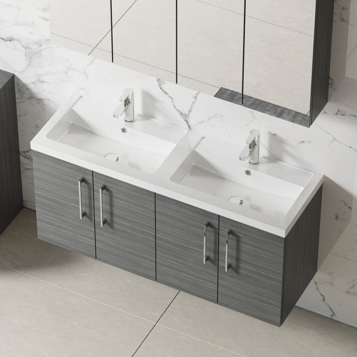 Modern Splash 1200mm Anthracite Woodgrain 4 Door Wall Hung Vanity Unit With 2 Tap Hole Polymarble basin