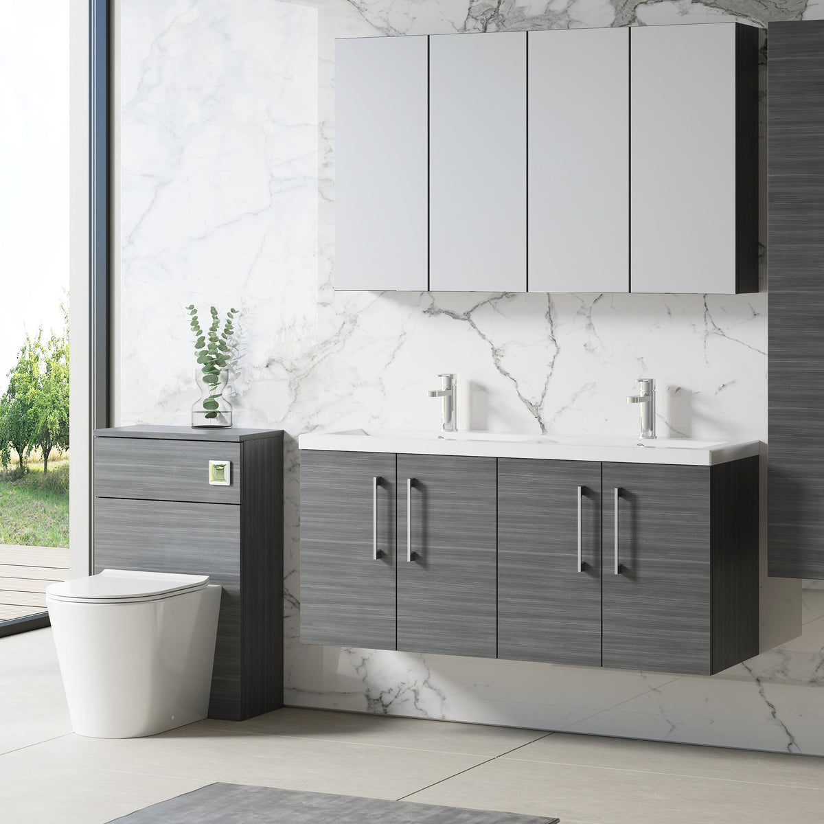 Modern Splash 1200mm Anthracite Woodgrain 4 Door Wall Hung Vanity Unit With 2 Tap Hole Ceramic Basin
