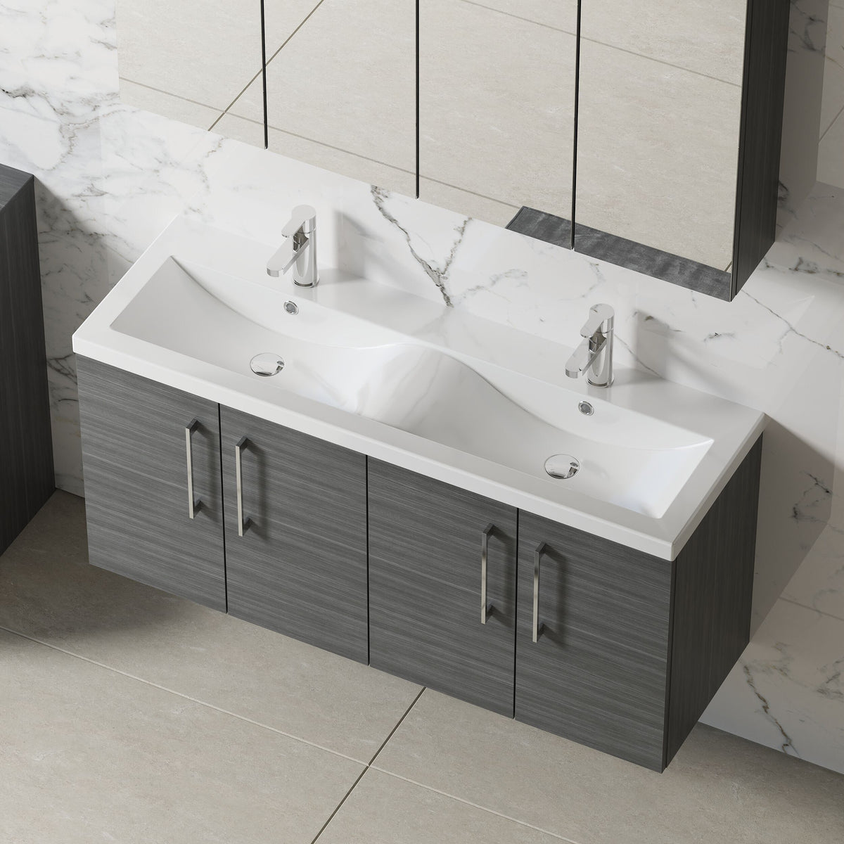 Modern Splash 1200mm Anthracite Woodgrain 4 Door Wall Hung Vanity Unit With 2 Tap Hole Ceramic Basin