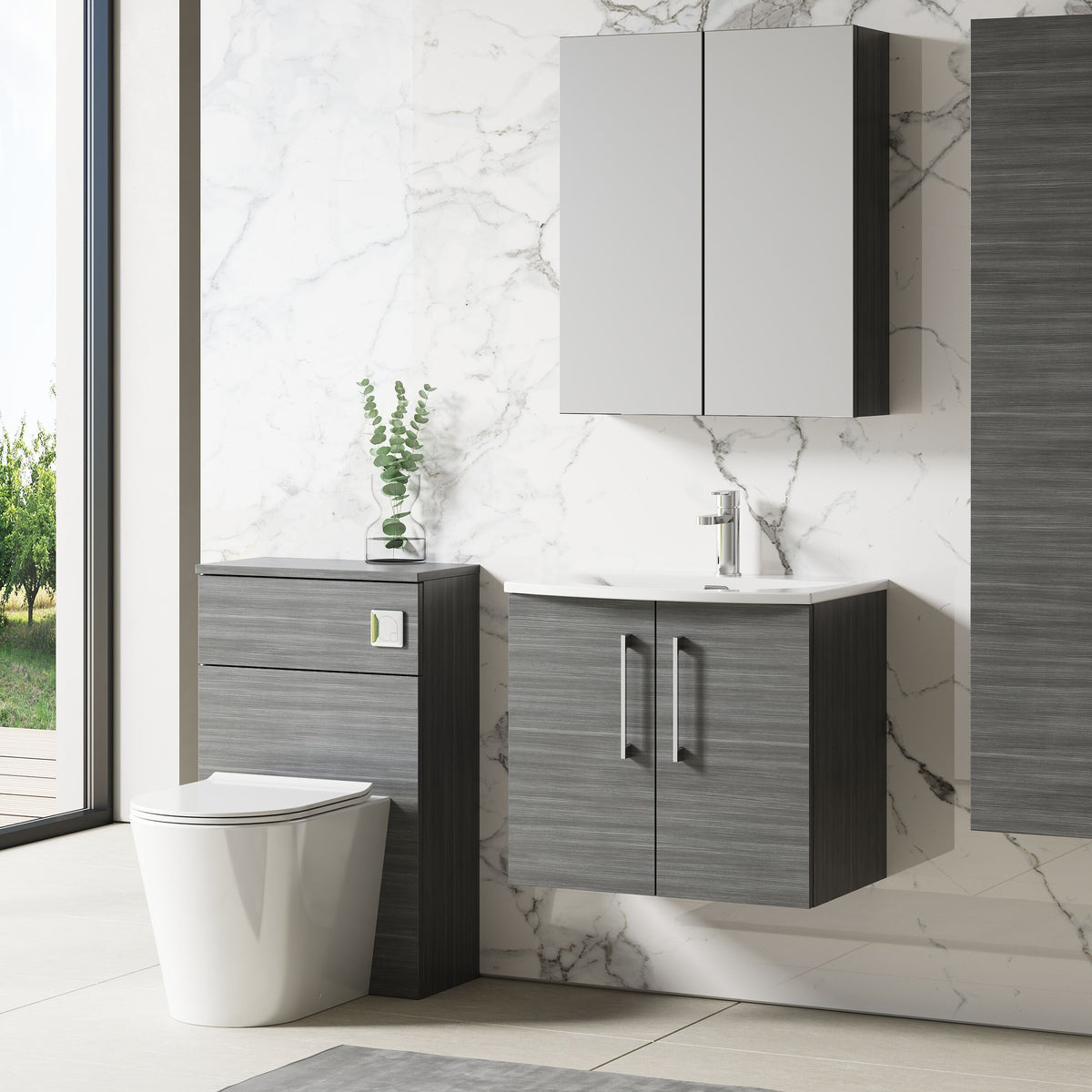 Modern Splash 600mm Anthracite Woodgrain 2 Door Wall Hung Vanity Unit With Curved Basin