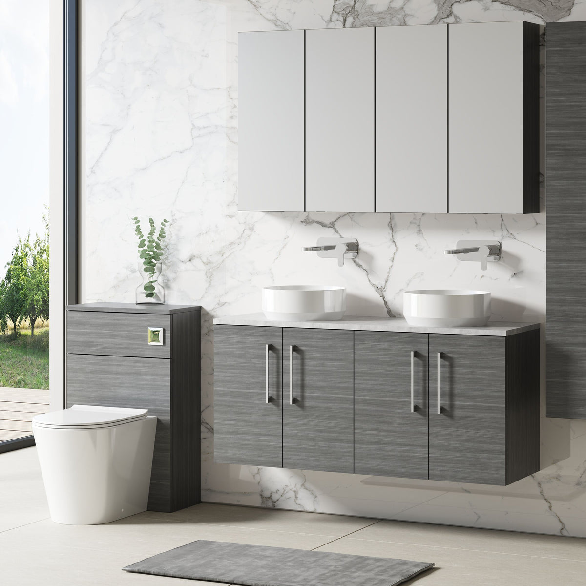 Modern Splash 1200mm Anthracite Woodgrain Wall Hung Anthracite Woodgrain Vanity Unit With Bellato Grey Worktop