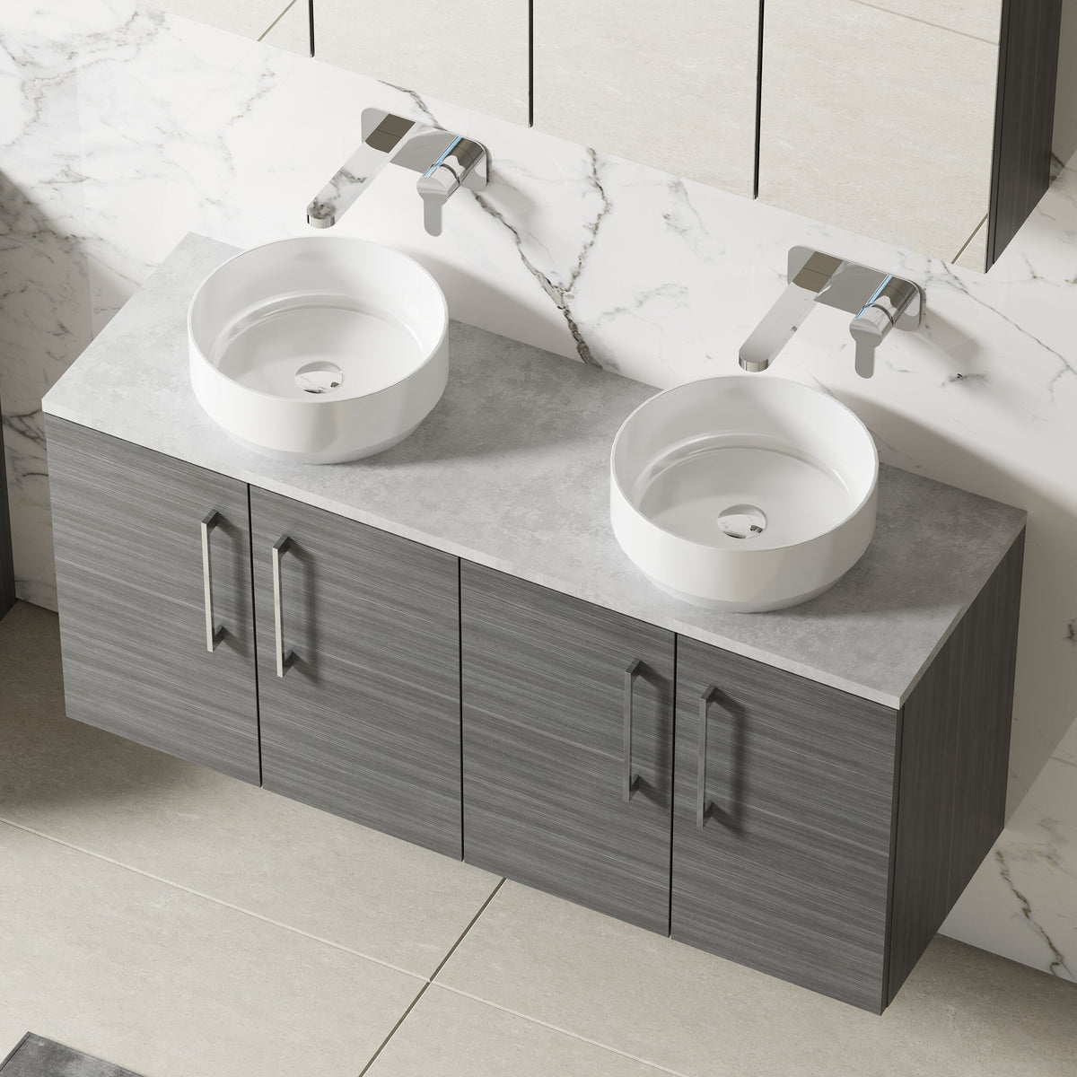 Modern Splash 1200mm Anthracite Woodgrain Wall Hung Anthracite Woodgrain Vanity Unit With Bellato Grey Worktop