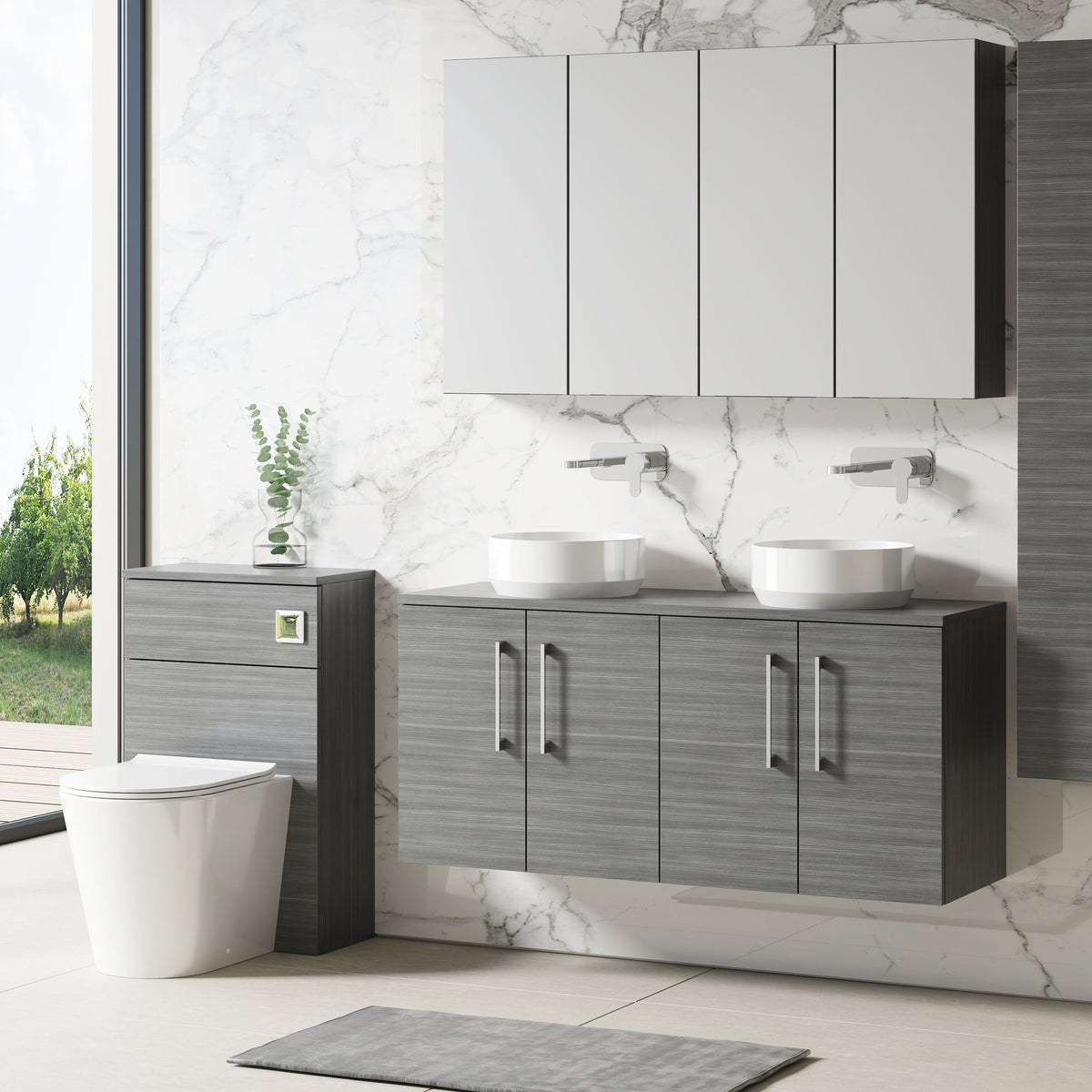 Modern Splash 1200mm Anthracite Woodgrain 2 Door Wall Hung Vanity Unit With Co-ordinating Worktop