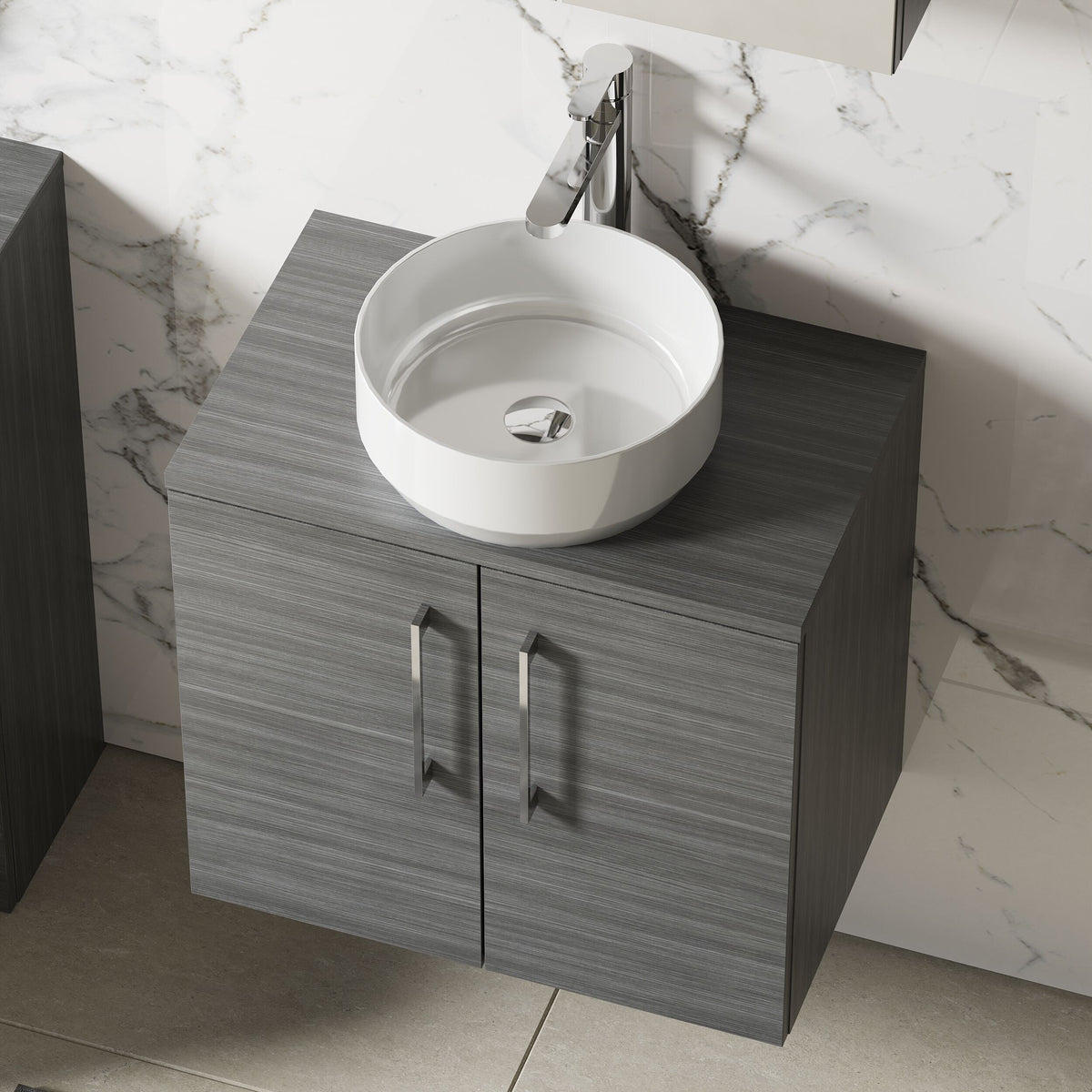 Modern Splash 600mm Anthracite Woodgrain 2 Door Wall Hung Vanity Unit With Co-ordinating Worktop