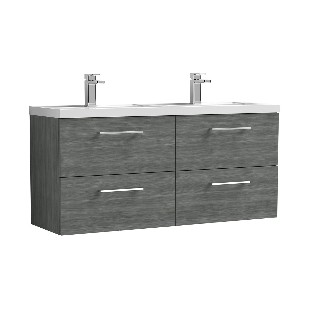 Modern Splash 1200mm Anthracite Woodgrain 4 Drawer Wall Hung Vanity Unit With 2 Tap Hole Polymarble basin
