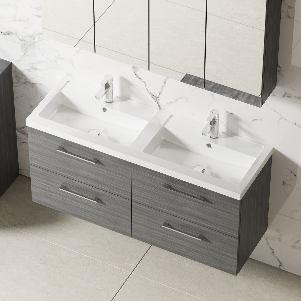 Modern Splash 1200mm Anthracite Woodgrain 4 Drawer Wall Hung Vanity Unit With 2 Tap Hole Polymarble basin
