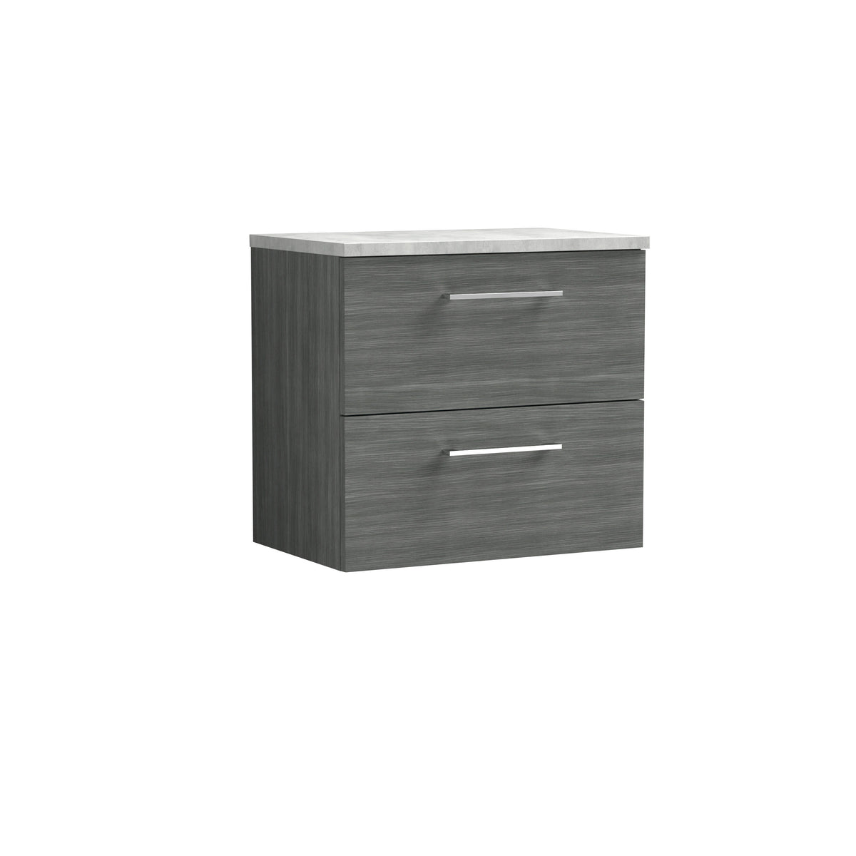 Modern Splash 600mm Anthracite Woodgrain Anthracite 2 Drawer Wall Hung Vanity Unit With Bellato Grey Worktop