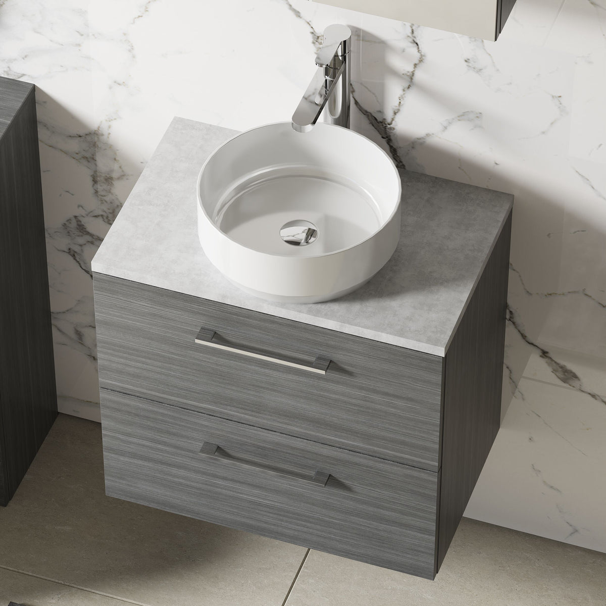 Modern Splash 600mm Anthracite Woodgrain Anthracite 2 Drawer Wall Hung Vanity Unit With Bellato Grey Worktop