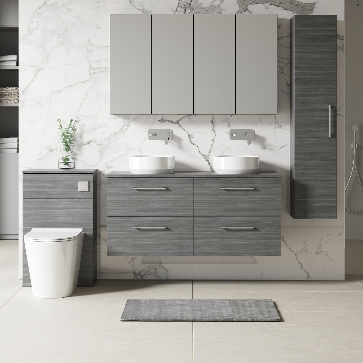 Modern Splash 1200mm Anthracite Woodgrain 4 Drawer Wall Hung Vanity Unit With Co-ordinating Worktop