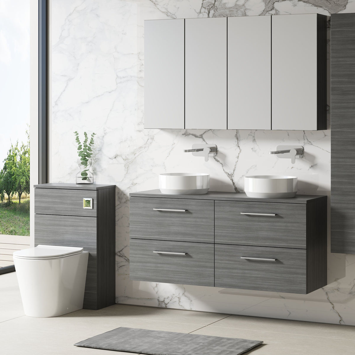 Modern Splash 1200mm Anthracite Woodgrain 4 Drawer Wall Hung Vanity Unit With Co-ordinating Worktop