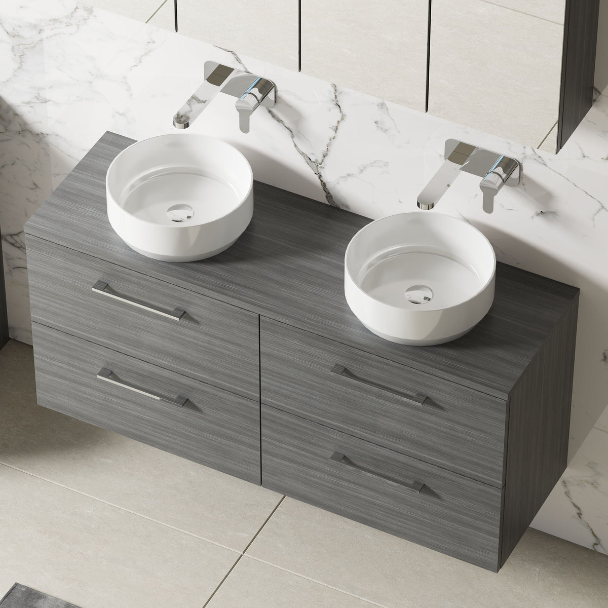 Modern Splash 1200mm Anthracite Woodgrain 4 Drawer Wall Hung Vanity Unit With Co-ordinating Worktop
