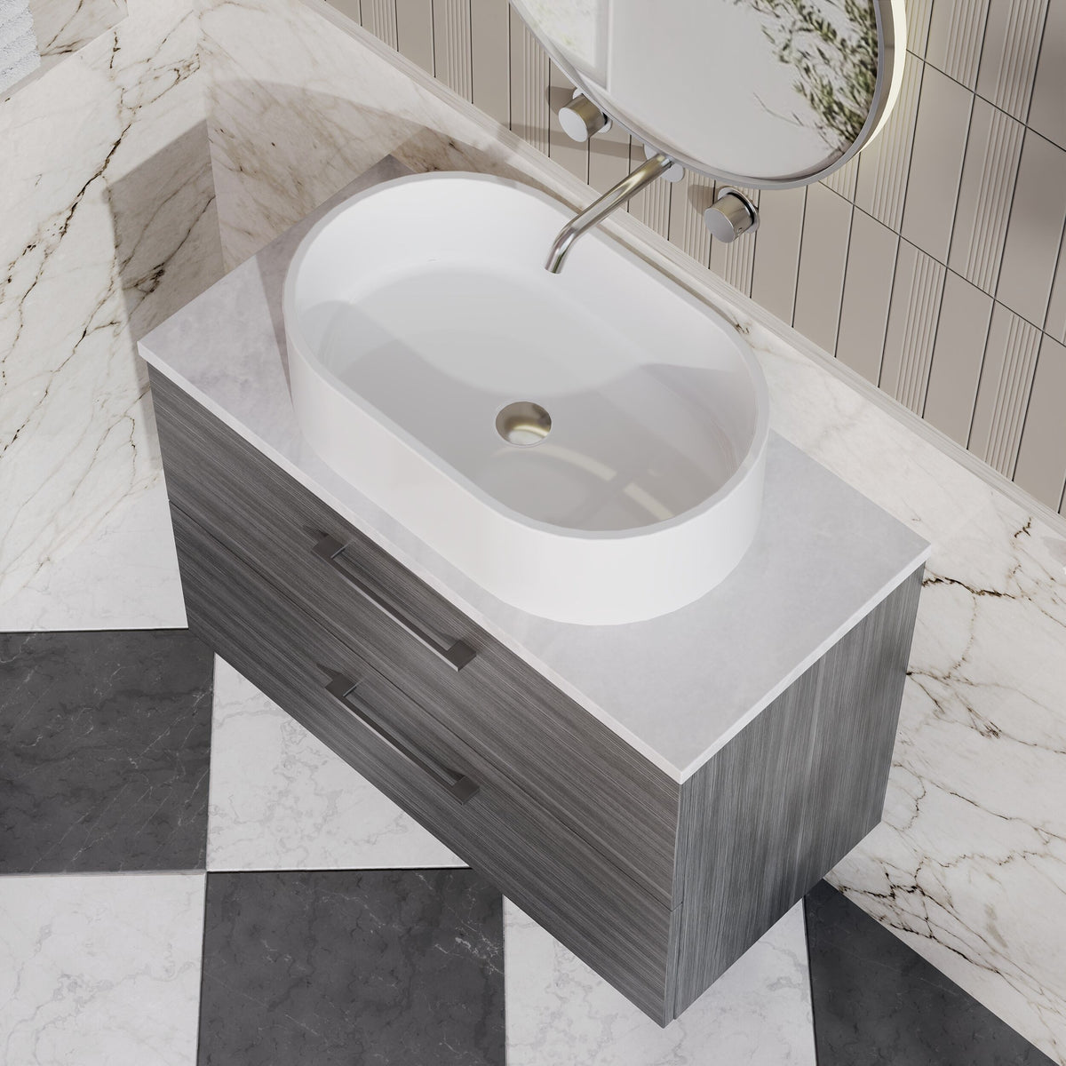 Modern Splash 800mm Anthracite Woodgrain 2 Drawer Wall Hung Vanity Unit With Bellato Grey Worktop
