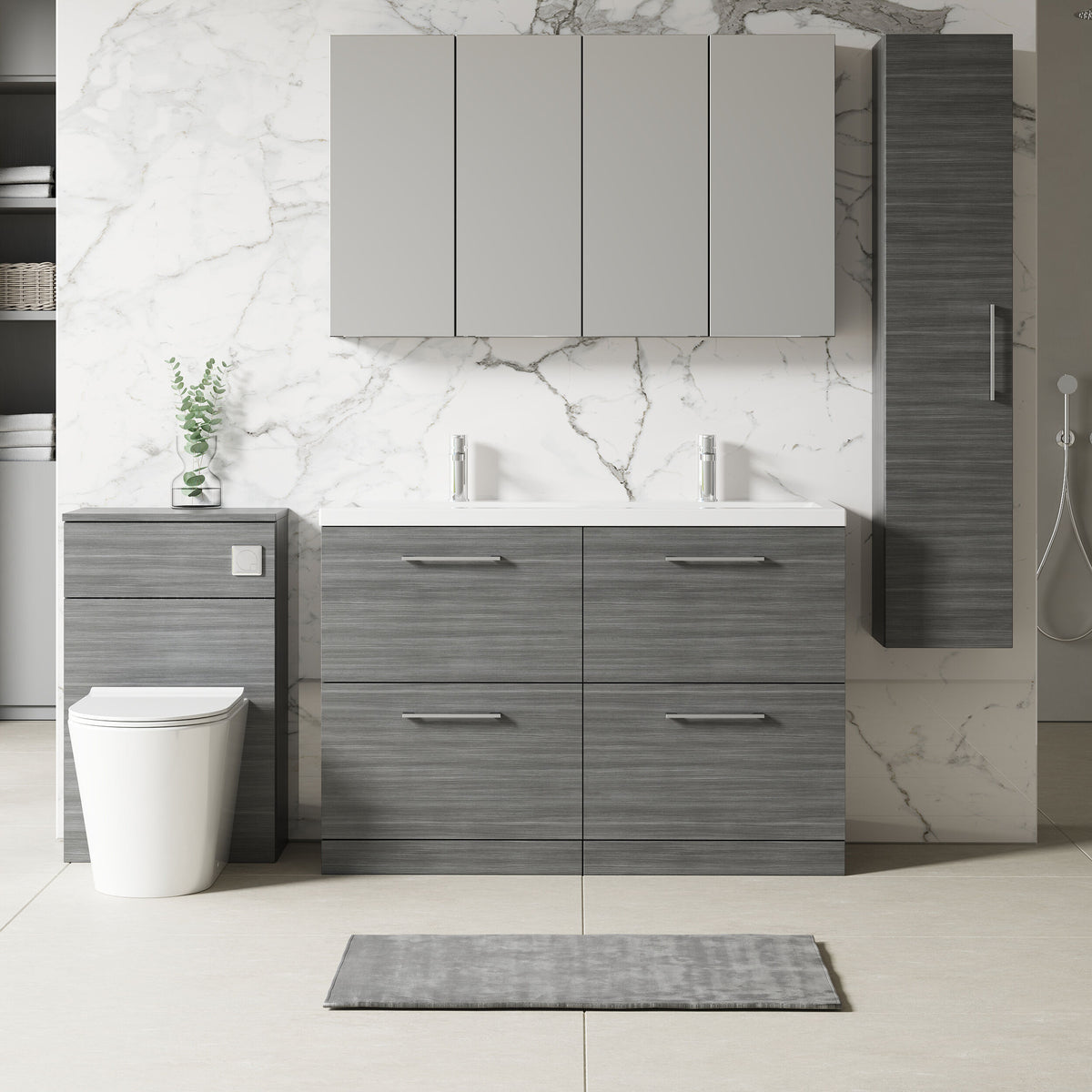Modern Splash 1200mm Anthracite Woodgrain 4 Drawer Floor Standing Vanity Unit With 2 Tap Hole Ceramic Basin