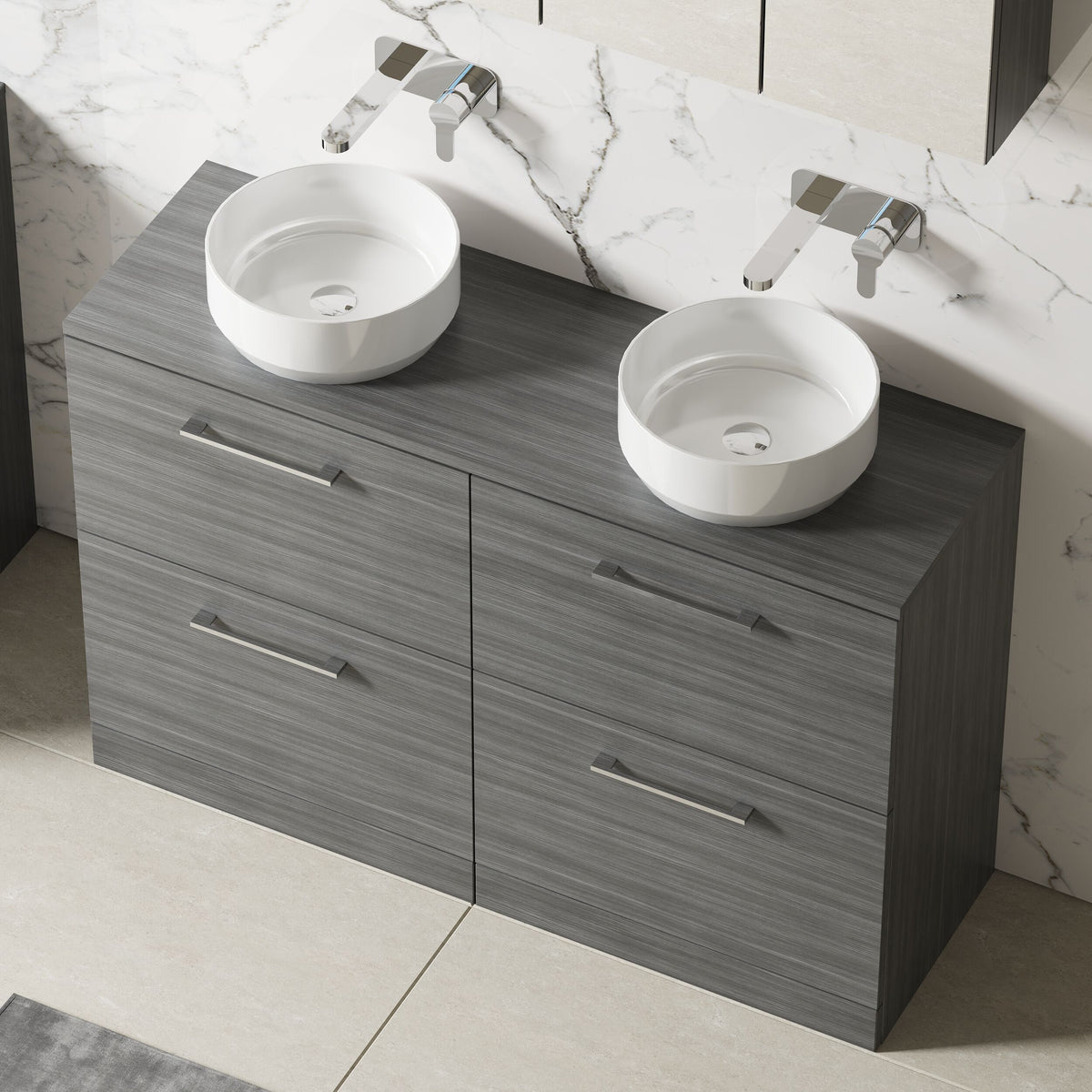 Modern Splash 1200mm Anthracite Woodgrain 4 Drawer Floor Standing Vanity Unit With Co-ordinating Worktop