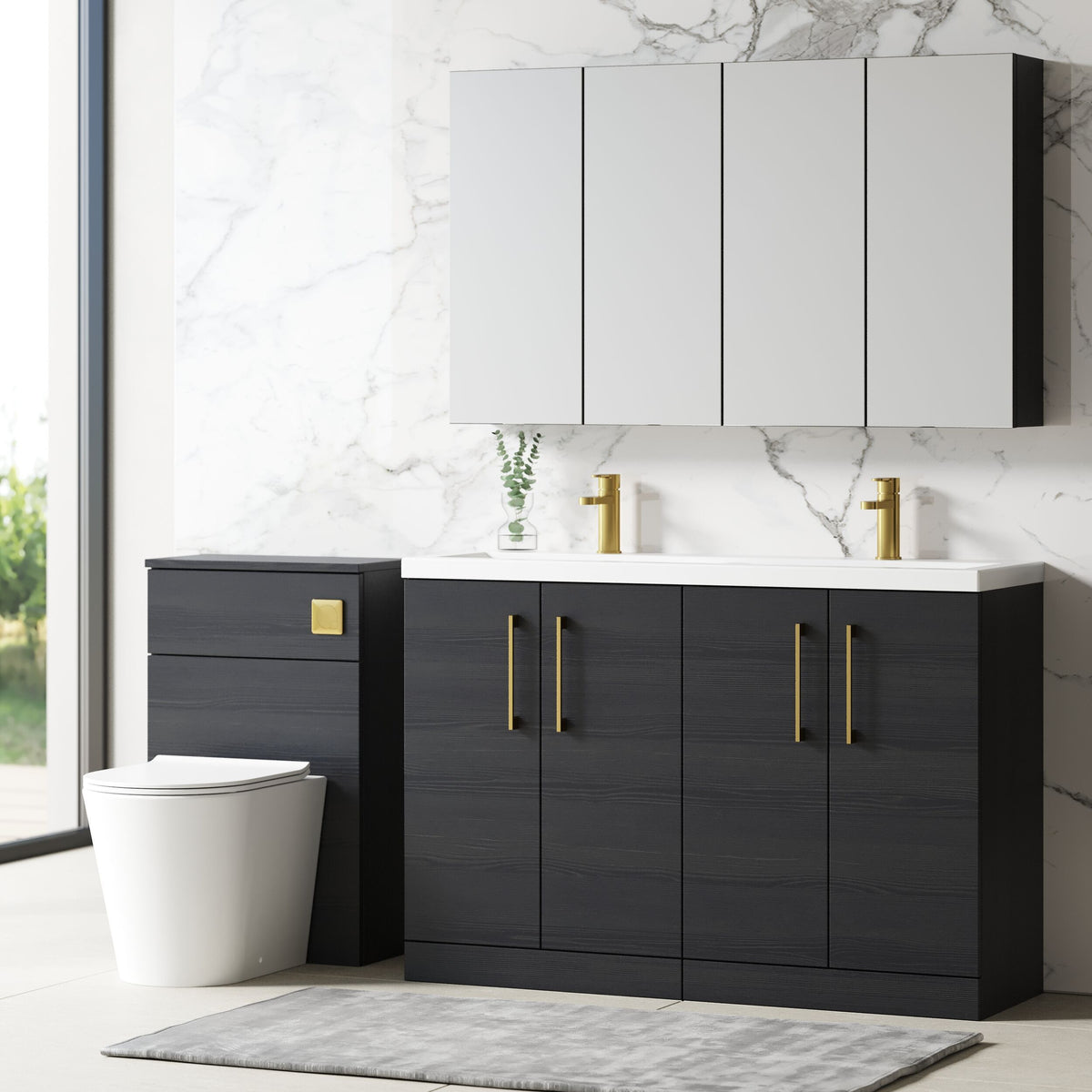 Modern Splash 1200mm Charcoal Black 4 Door Floor Standing Vanity Unit With 2 Tap Hole Ceramic Basin