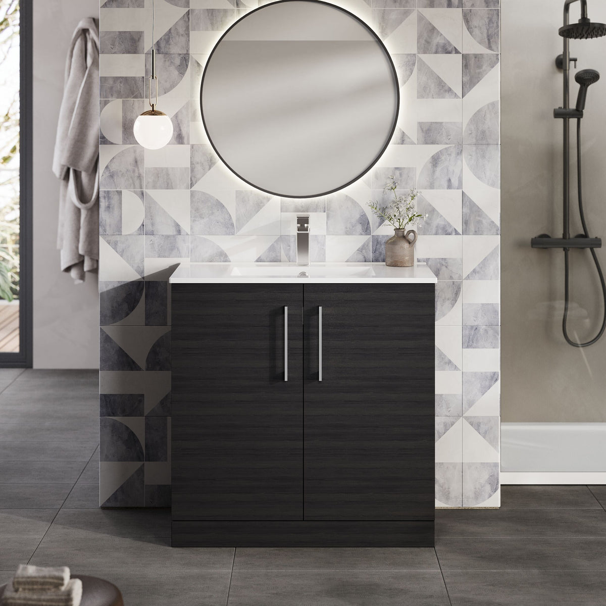Modern Splash 800mm Charcoal Black 2 Door Floor Standing Vanity Unit With Minimalist Basin