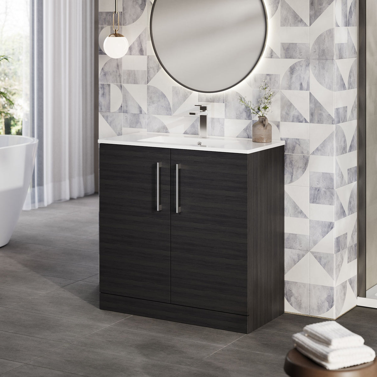 Modern Splash 800mm Charcoal Black 2 Door Floor Standing Vanity Unit With Minimalist Basin