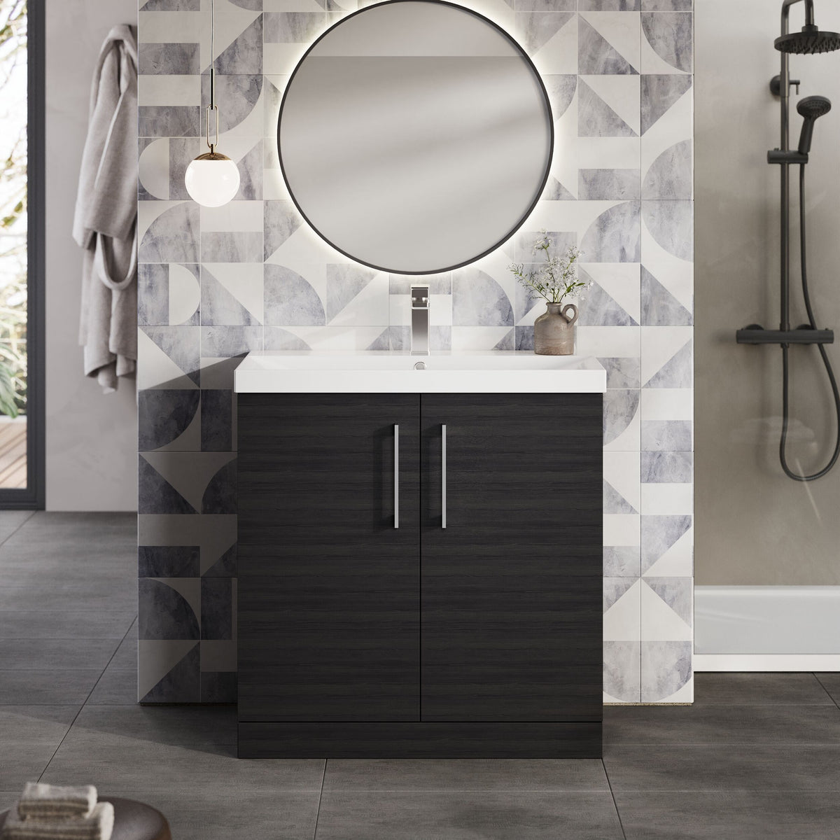 Modern Splash 800mm Charcoal Black 2 Door Floor Standing Vanity Unit With Thin Edge Basin