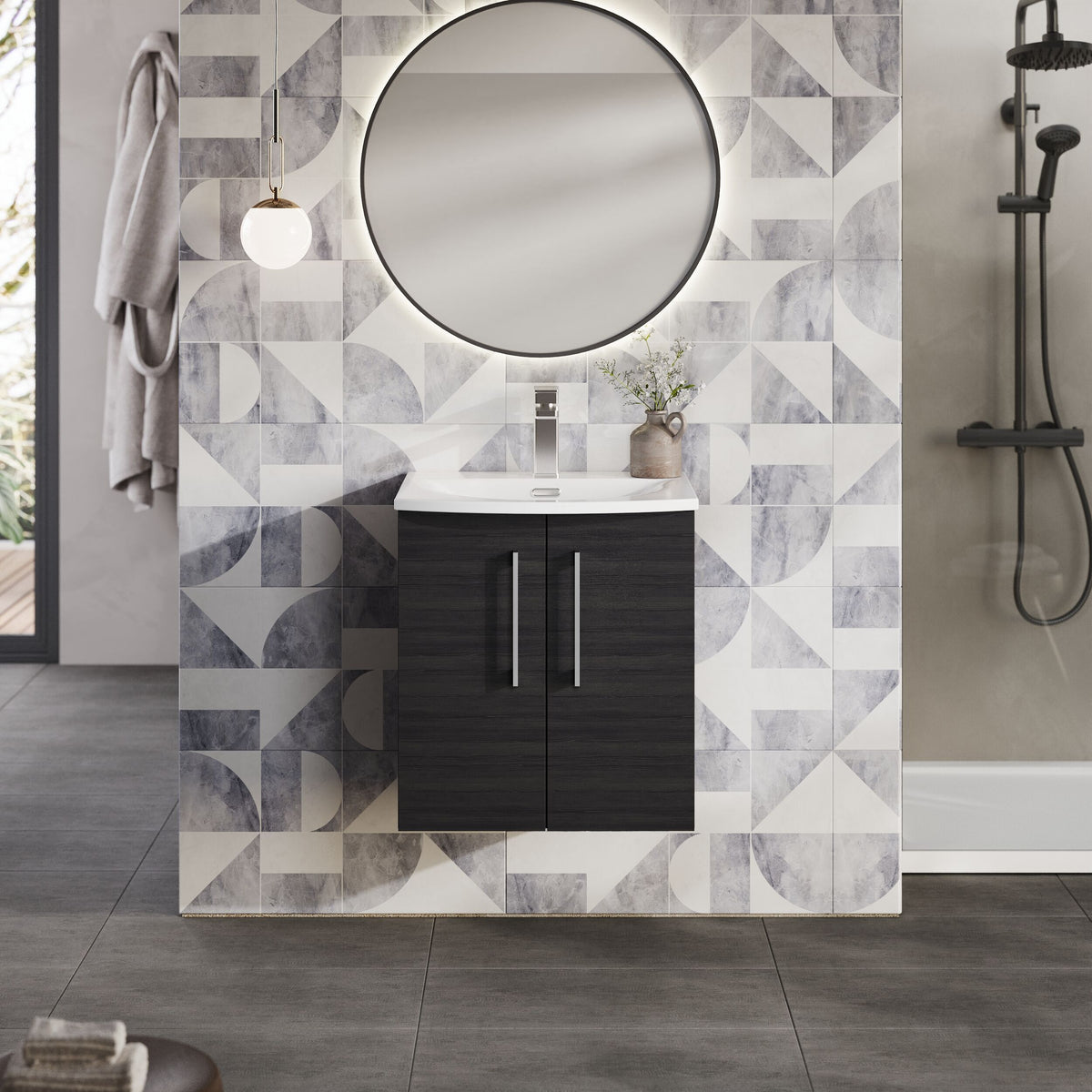 Modern Splash 500mm Charcoal Black 2 Door Wall Hung Vanity Unit With Curved Basin