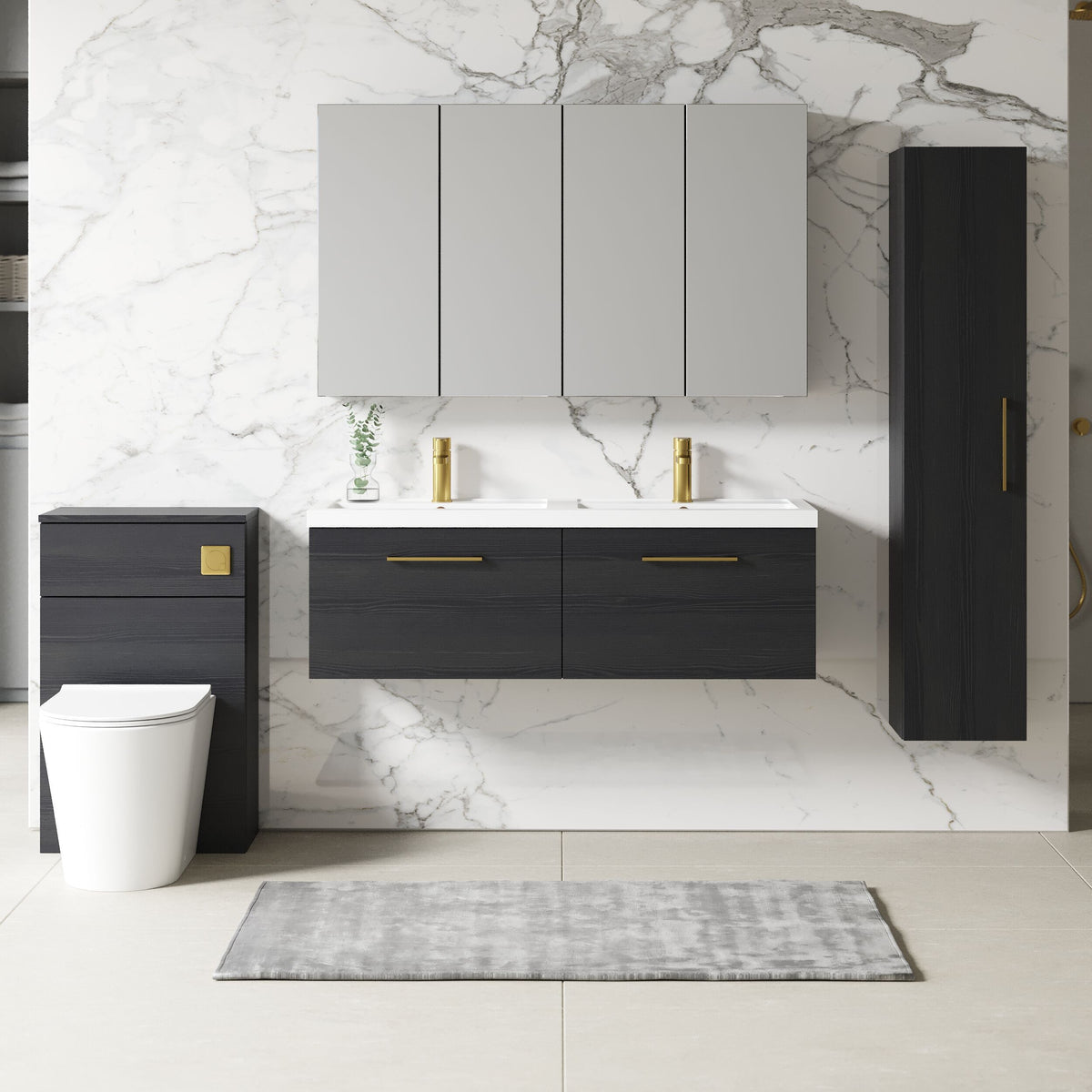 Modern Splash 1200mm Charcoal Black 2 Drawer Wall Hung Vanity Unit With 2 Tap Hole Polymarble basin
