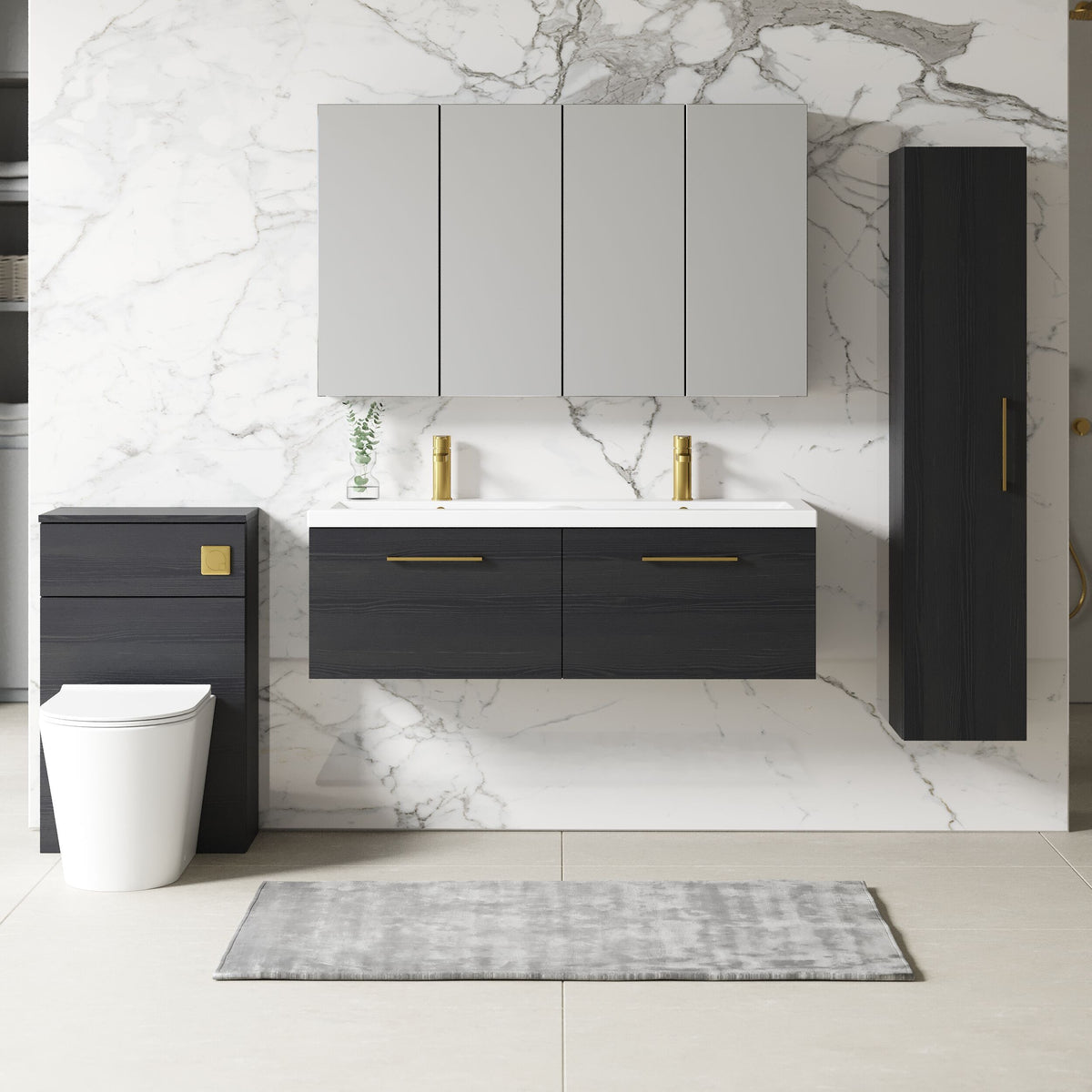 Modern Splash 1200mm Charcoal Black 2 Drawer Wall Hung Vanity Unit With 2 Tap Hole Ceramic Basin