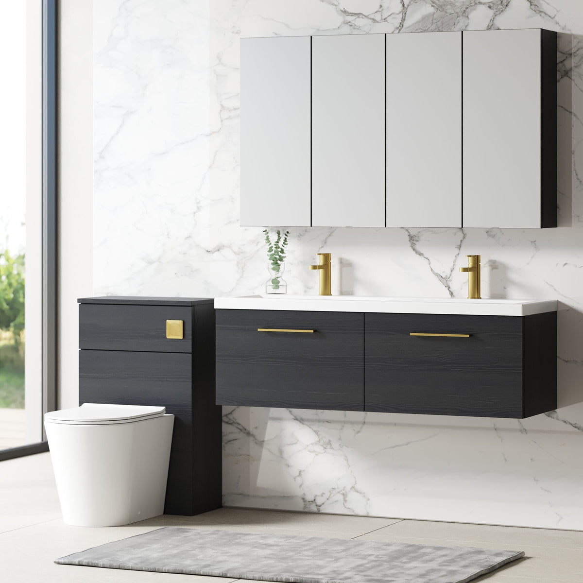 Modern Splash 1200mm Charcoal Black 2 Drawer Wall Hung Vanity Unit With 2 Tap Hole Ceramic Basin