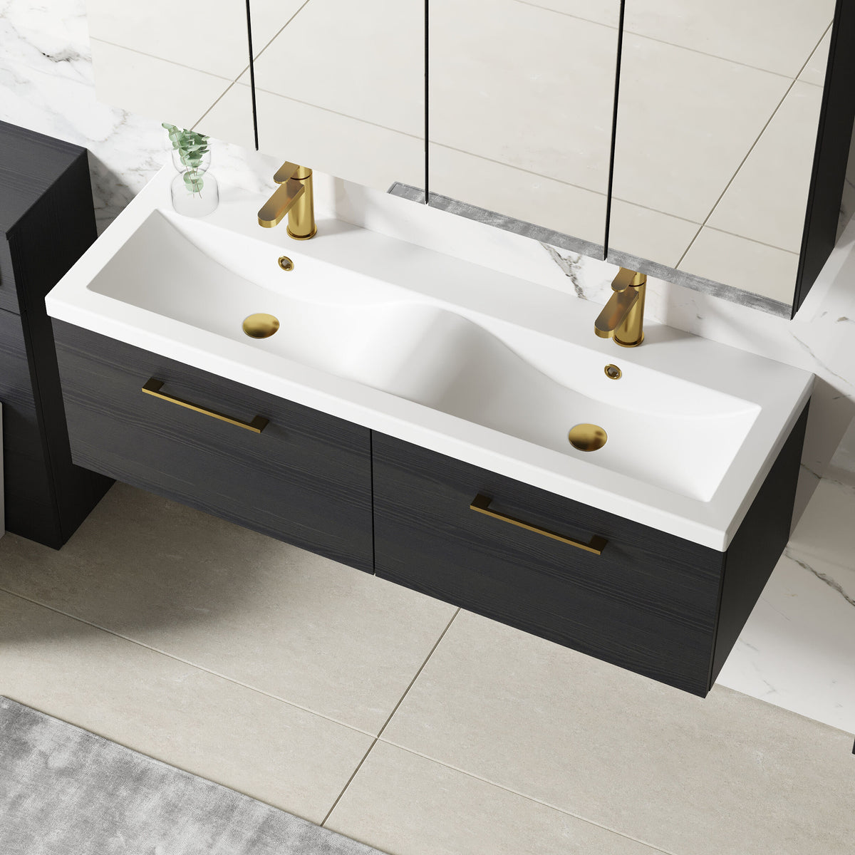 Modern Splash 1200mm Charcoal Black 2 Drawer Wall Hung Vanity Unit With 2 Tap Hole Ceramic Basin