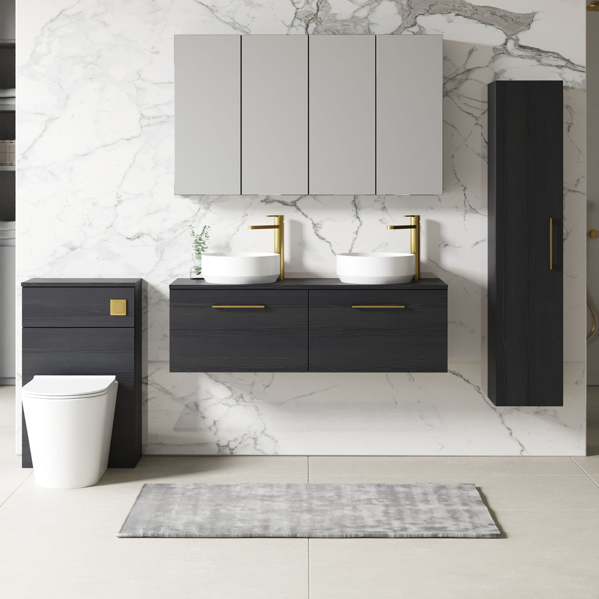 Modern Splash 1200mm Charcoal Black 2 Drawer Wall Hung Vanity Unit With Co-ordinating Worktop