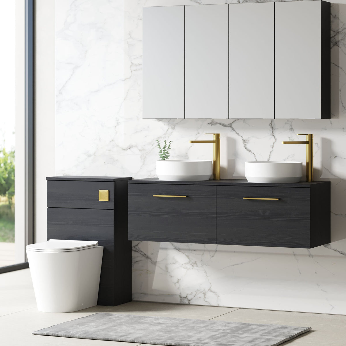 Modern Splash 1200mm Charcoal Black 2 Drawer Wall Hung Vanity Unit With Co-ordinating Worktop