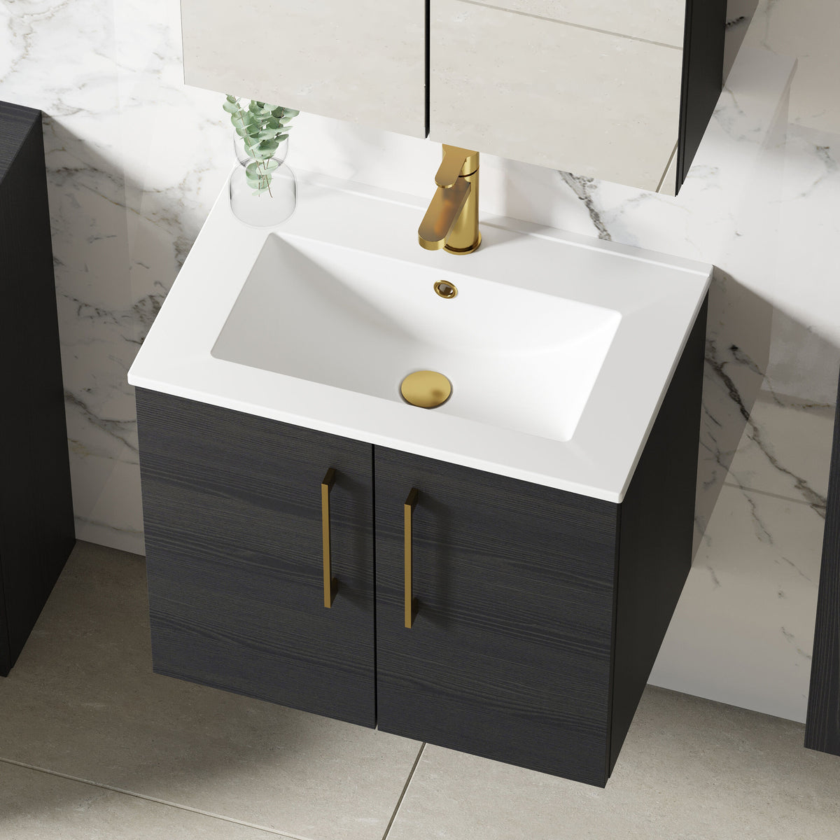 Modern Splash 600mm Charcoal Black 2 Door Wall Hung Vanity Unit With Minimalist Basin