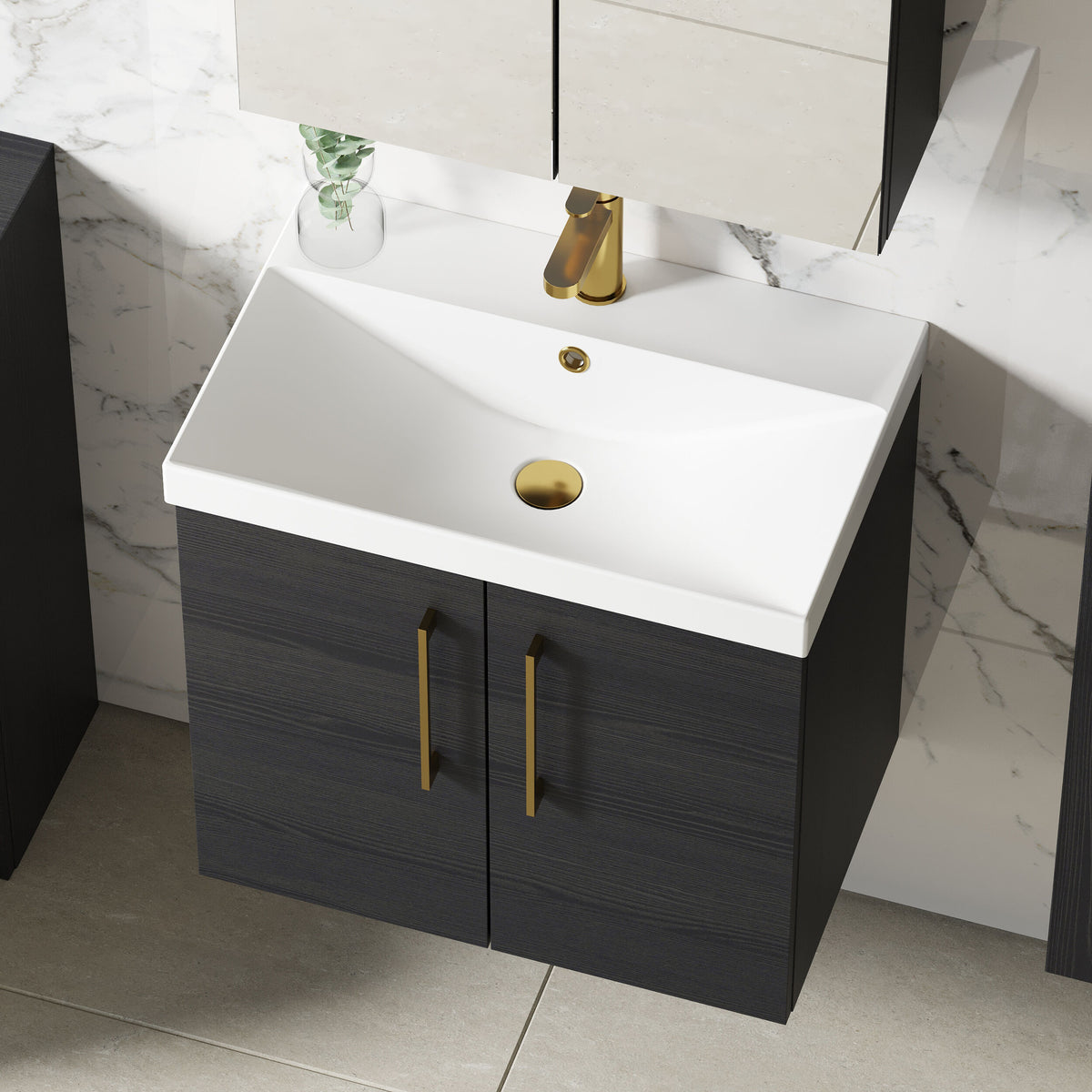 Modern Splash 600mm Charcoal Black 2 Door Wall Hung Vanity Unit With Thin Edge Basin