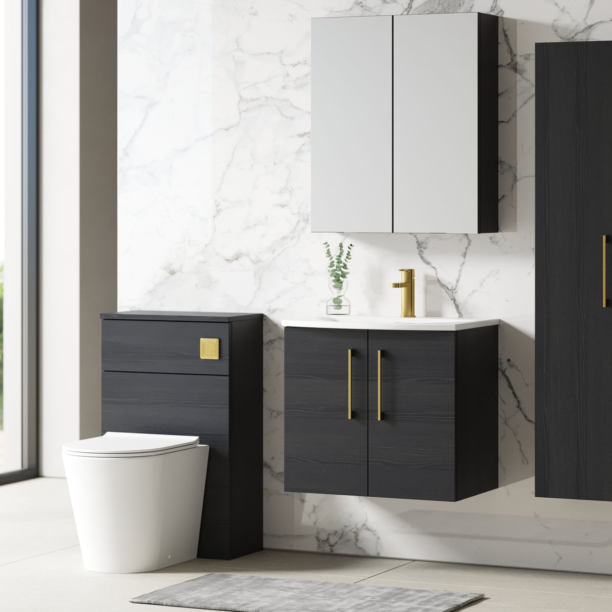 Modern Splash 600mm Charcoal Black 2 Door Wall Hung Vanity Unit With Curved Basin
