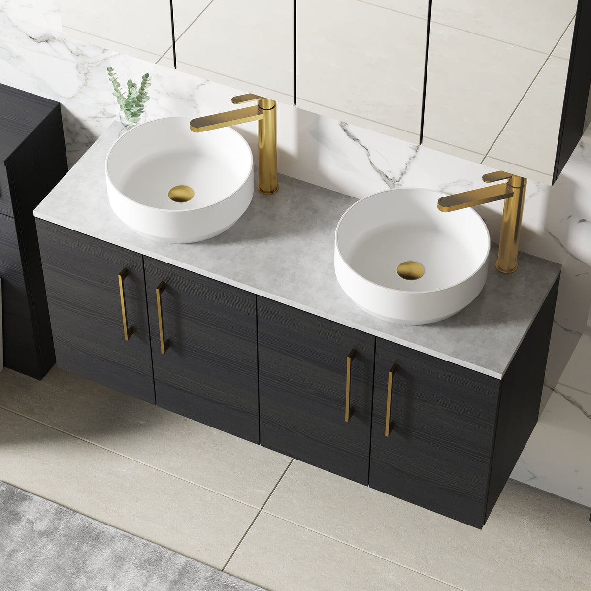 Modern Splash 1200mm Charcoal Black 4 Door Wall Hung Vanity Unit With Bellato Grey Worktop