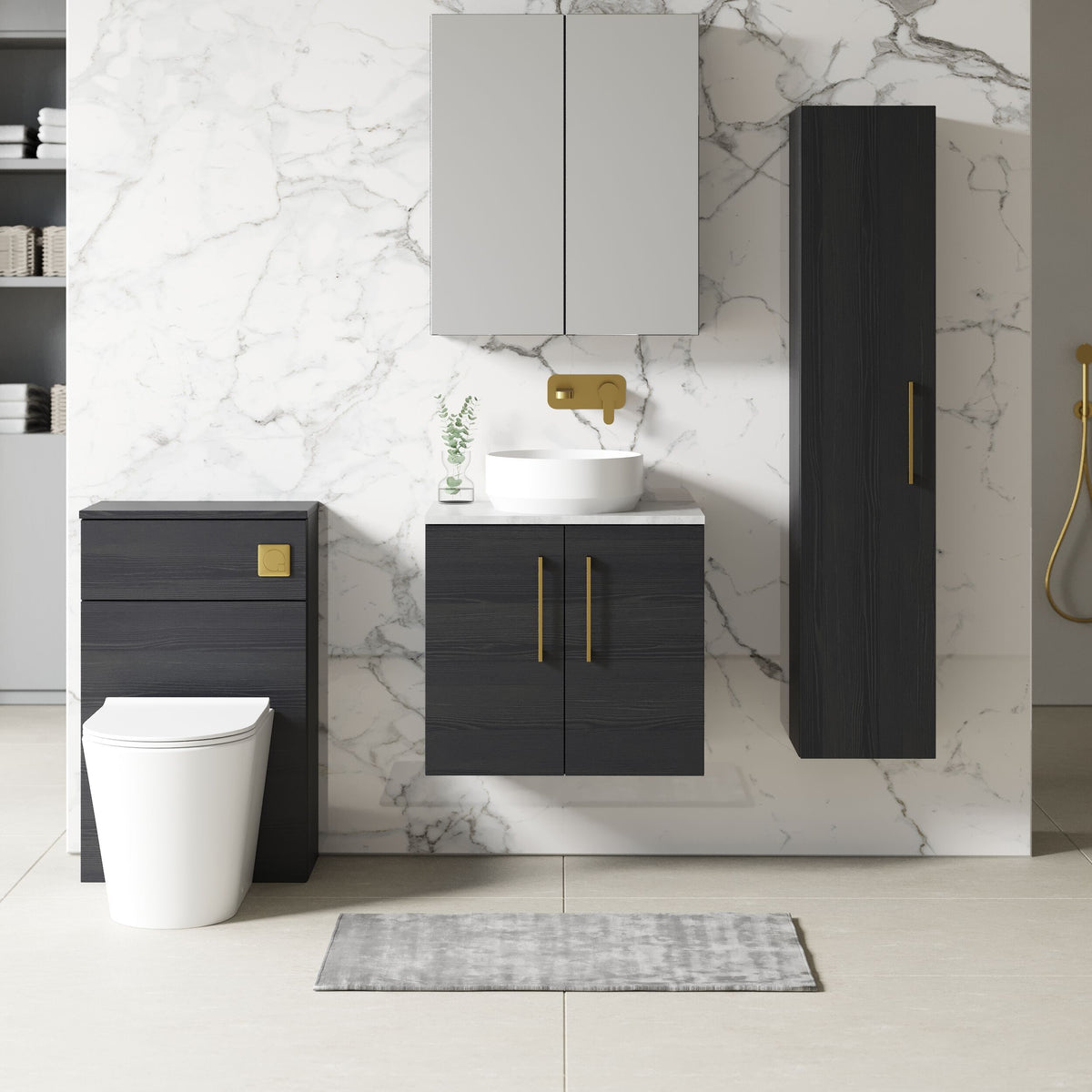 Modern Splash 600mm Charcoal Black 2 Door Wall Hung Vanity Unit With Bellato Grey Worktop