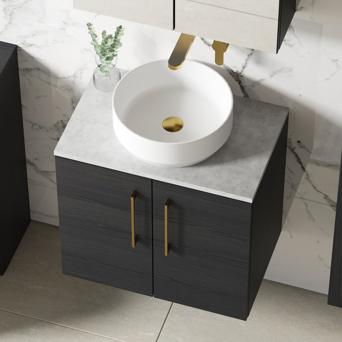 Modern Splash 600mm Charcoal Black 2 Door Wall Hung Vanity Unit With Bellato Grey Worktop