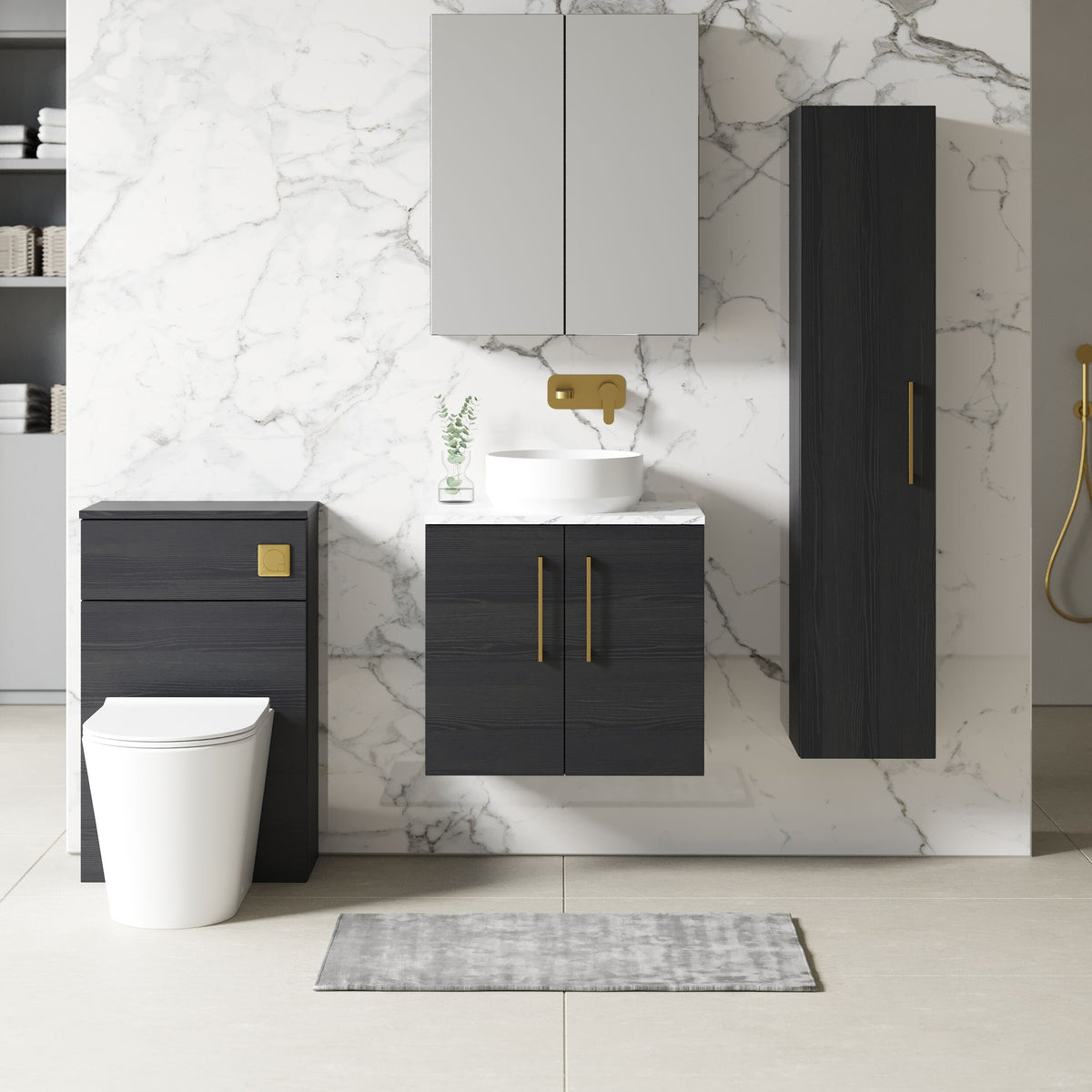Modern Splash 600mm Charcoal Black 2 Door Wall Hung Vanity Unit With Carrara Laminate Worktop