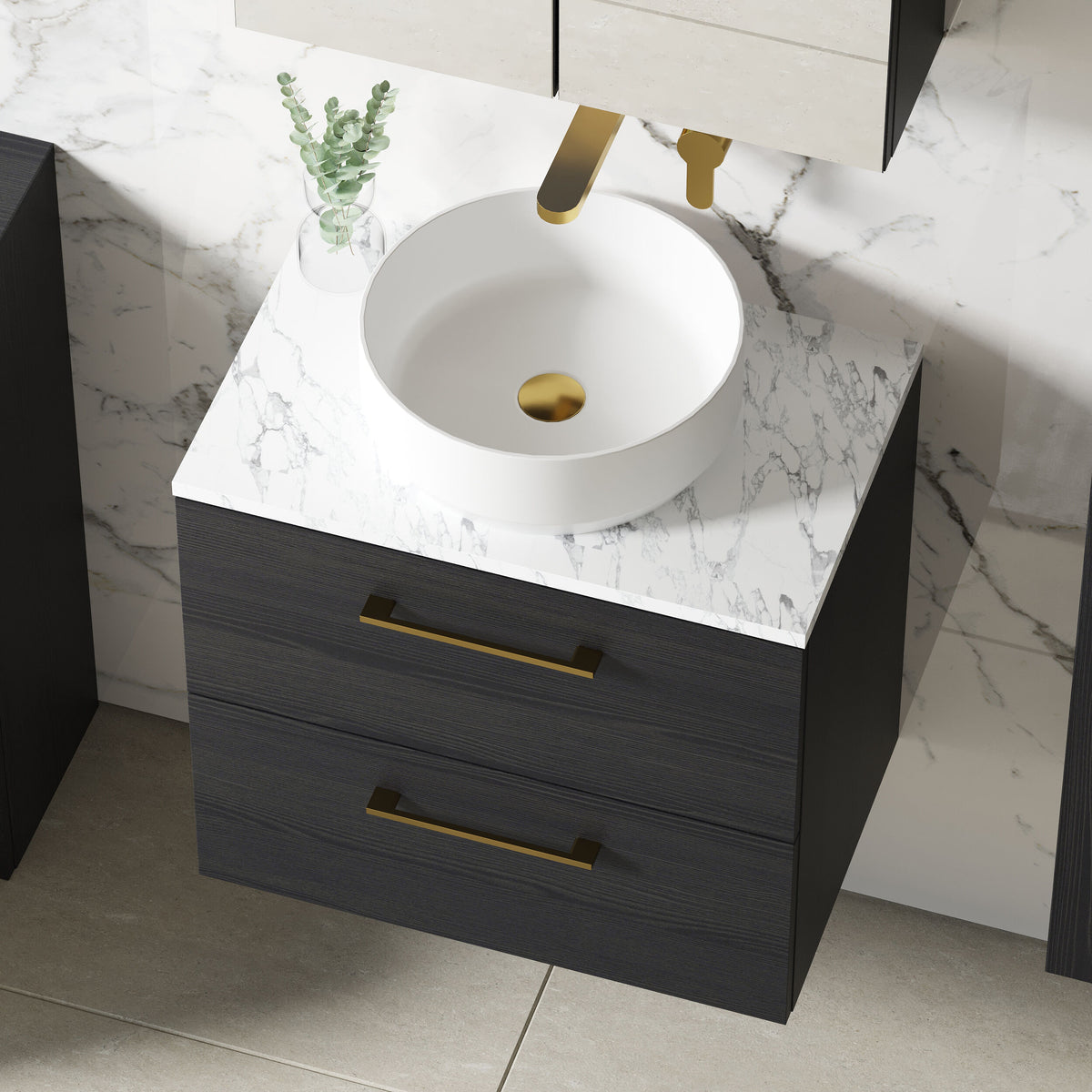 Modern Splash 600mm Charcoal Black 2 Drawer Wall Hung Charcoal Black Vanity Unit With Carrara Laminate Worktop
