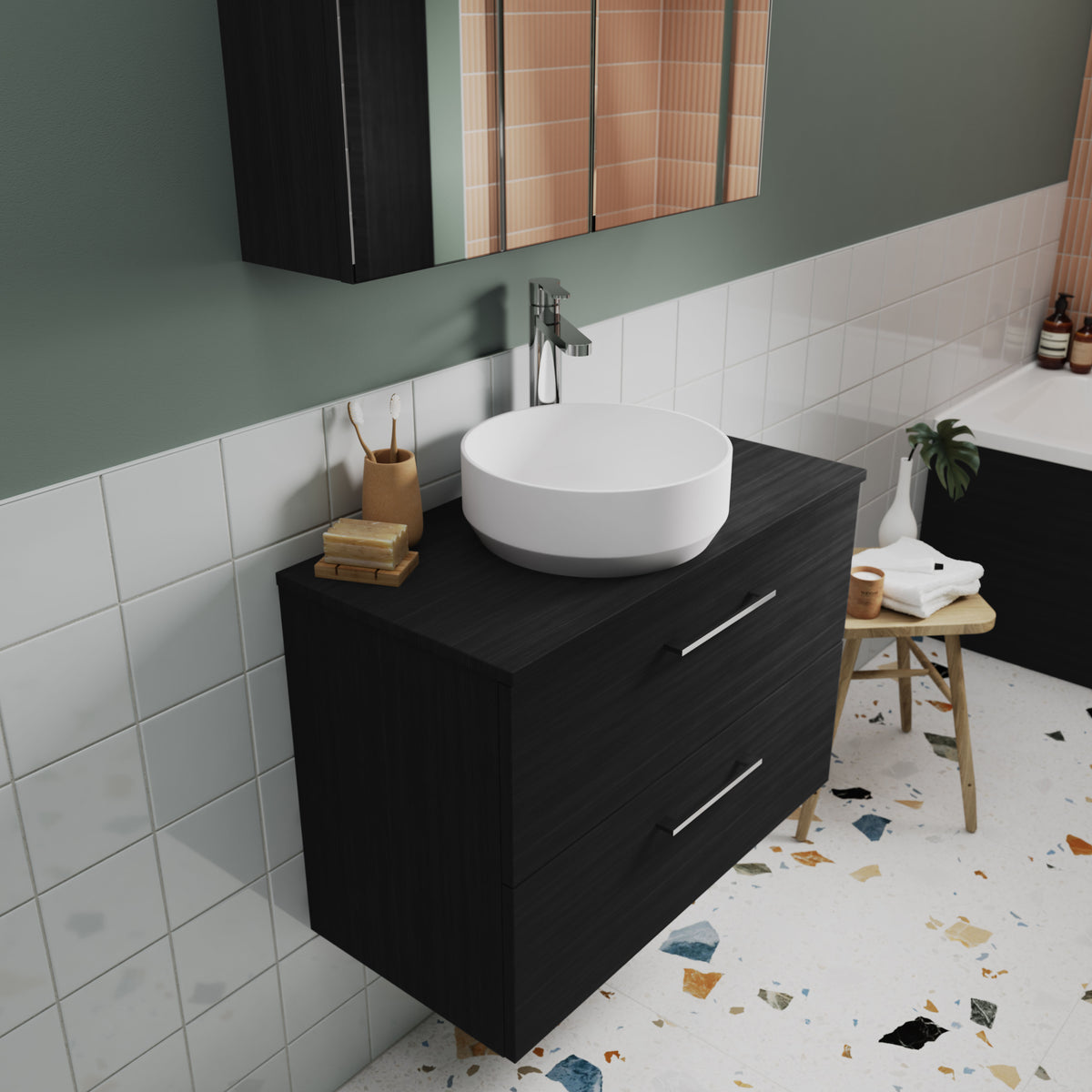Modern Splash 805mm Charcoal Black 2 Drawer Wall Hung Vanity Unit With Co-ordinating Worktop