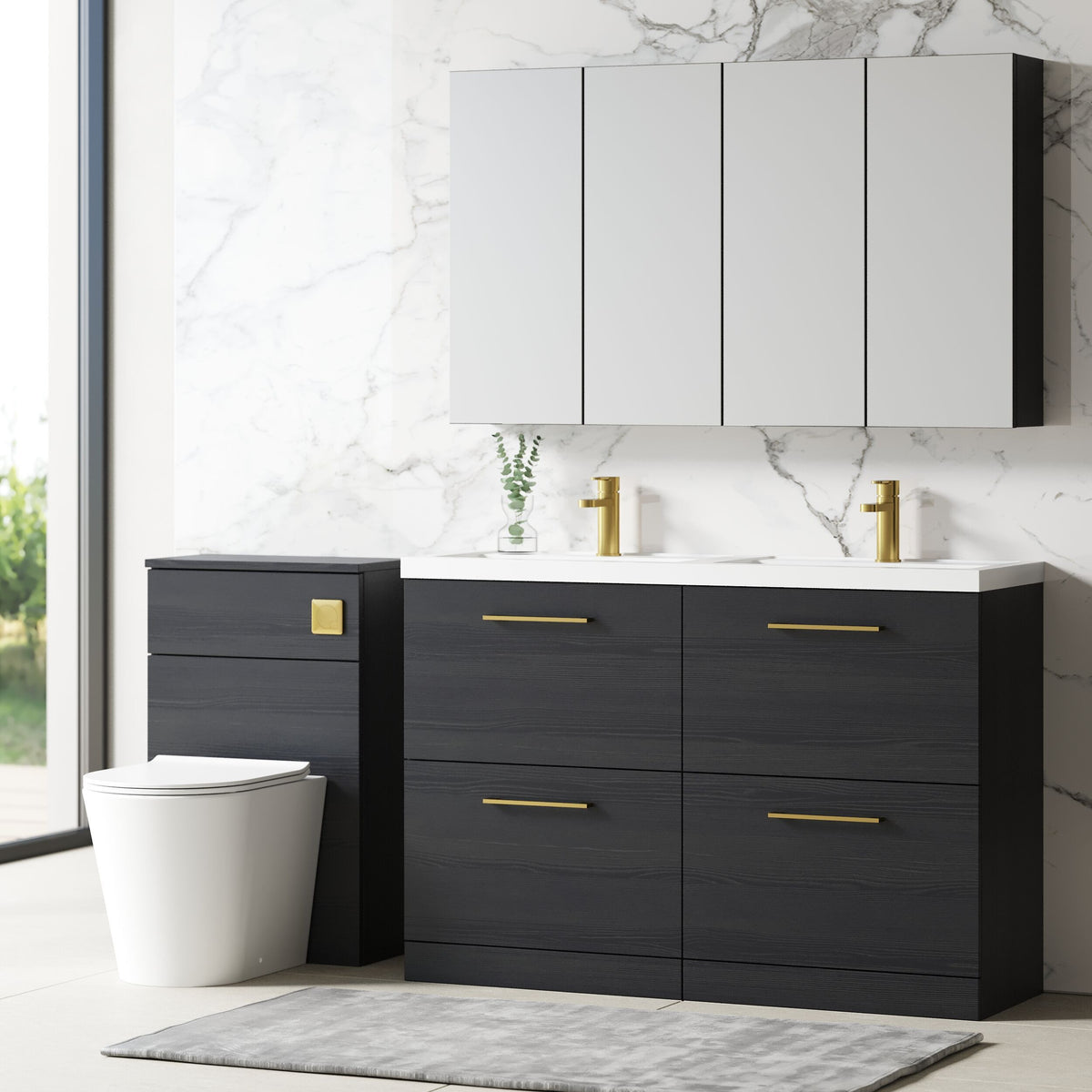 Modern Splash 1200mm Charcoal Black 4 Drawer Floor Standing Vanity Unit With 2 Tap Hole Polymarble basin