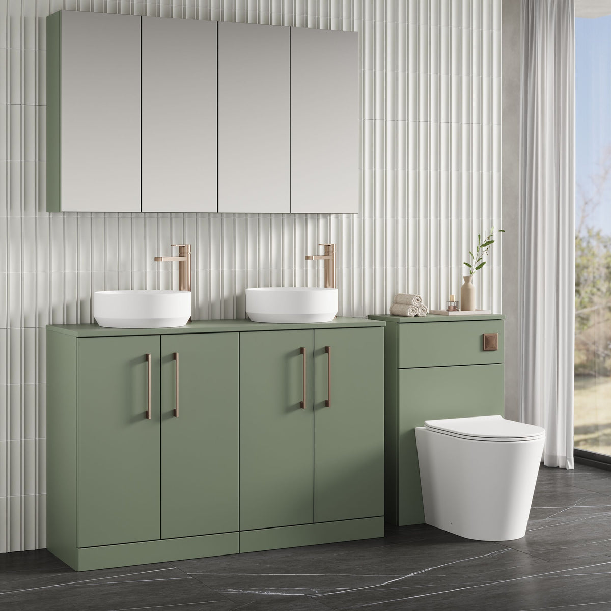 Modern Splash 1200mm Satin Green 2 Door Floor Standing Vanity Unit With Co-ordinating Worktop