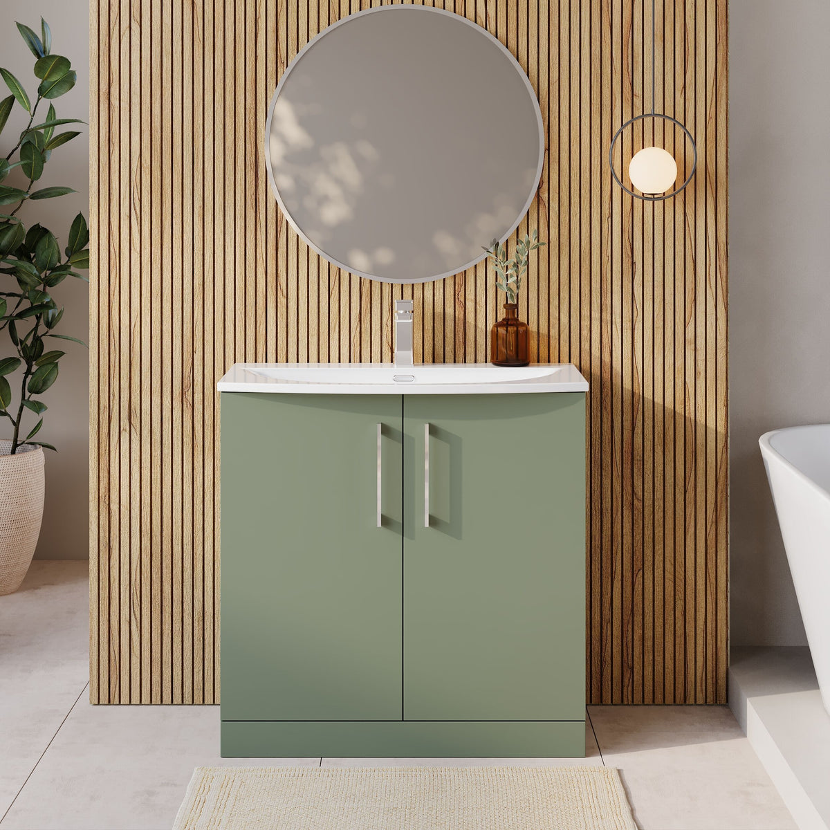 Modern Splash 800mm Satin Green 2 Door Floor Standing Vanity Unit With Curved Basin