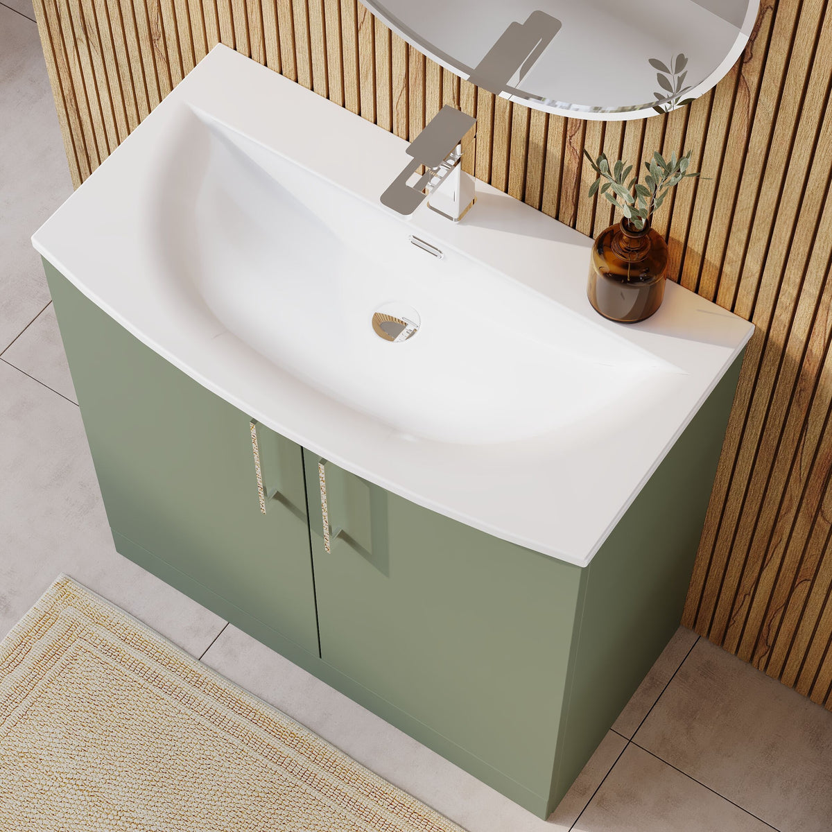 Modern Splash 800mm Satin Green 2 Door Floor Standing Vanity Unit With Curved Basin