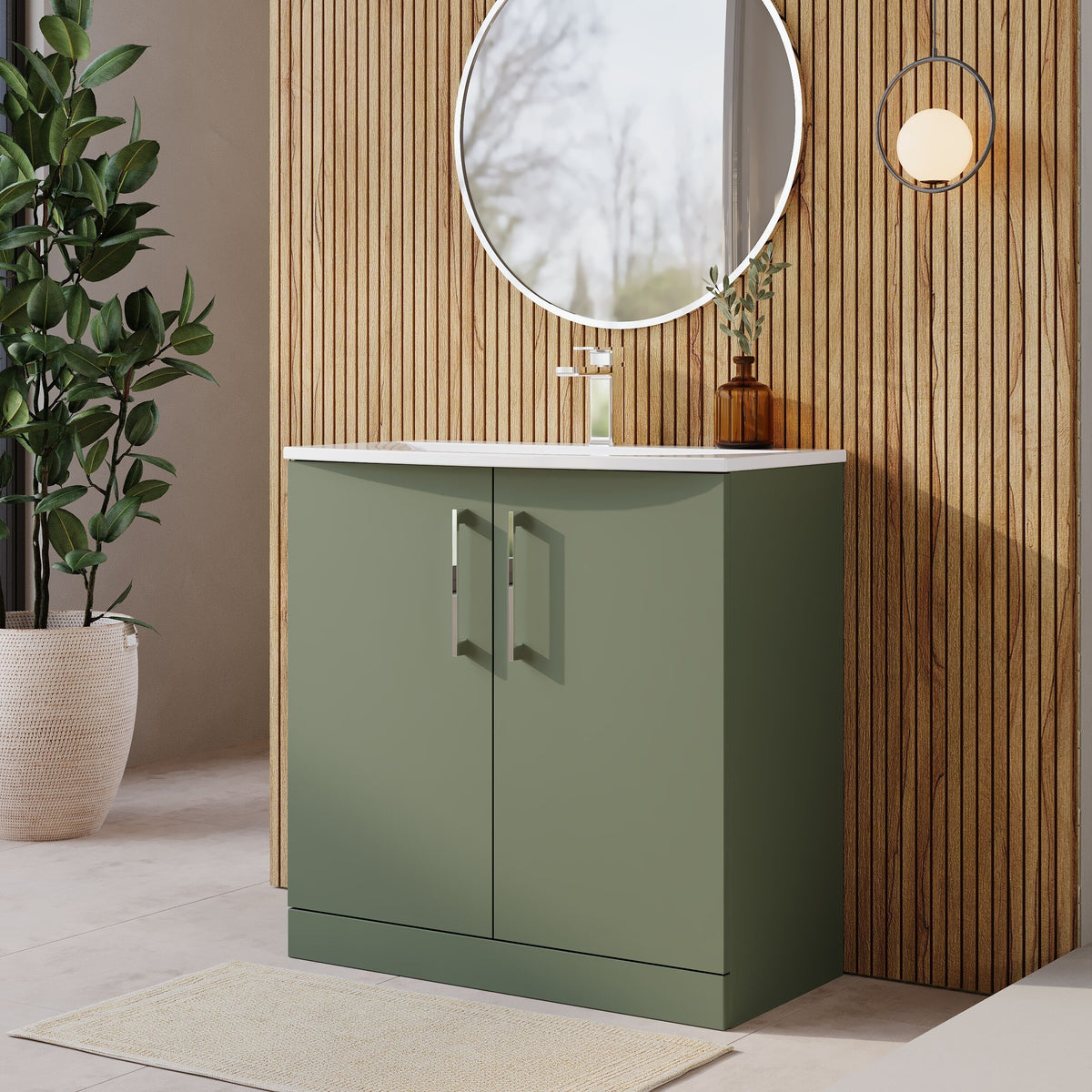 Modern Splash 800mm Satin Green 2 Door Floor Standing Vanity Unit With Curved Basin