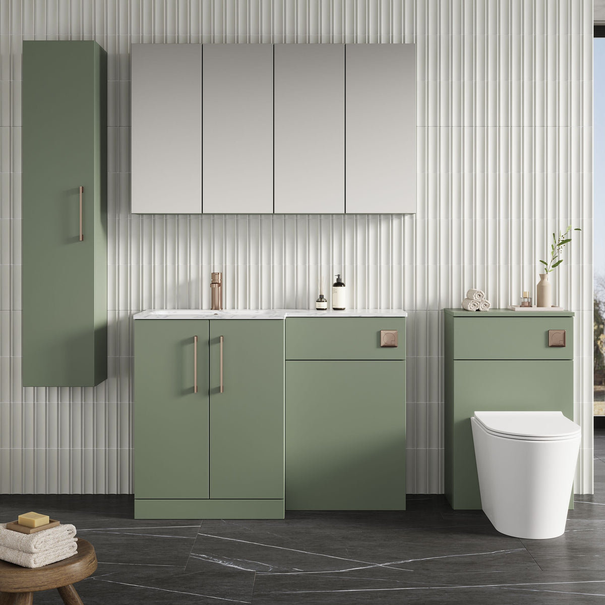Modern Splash 1100mm Satin Green 2 Door Floor Standing Left-Hand Combination Unit With Stone Basin