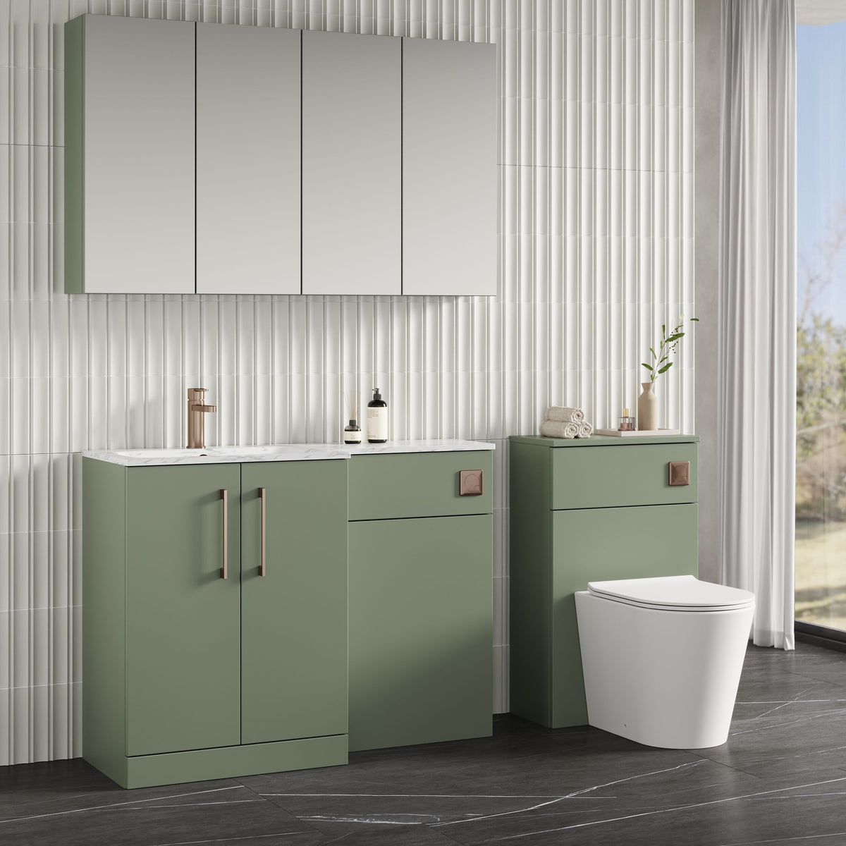 Modern Splash 1100mm Satin Green 2 Door Floor Standing Left-Hand Combination Unit With Stone Basin
