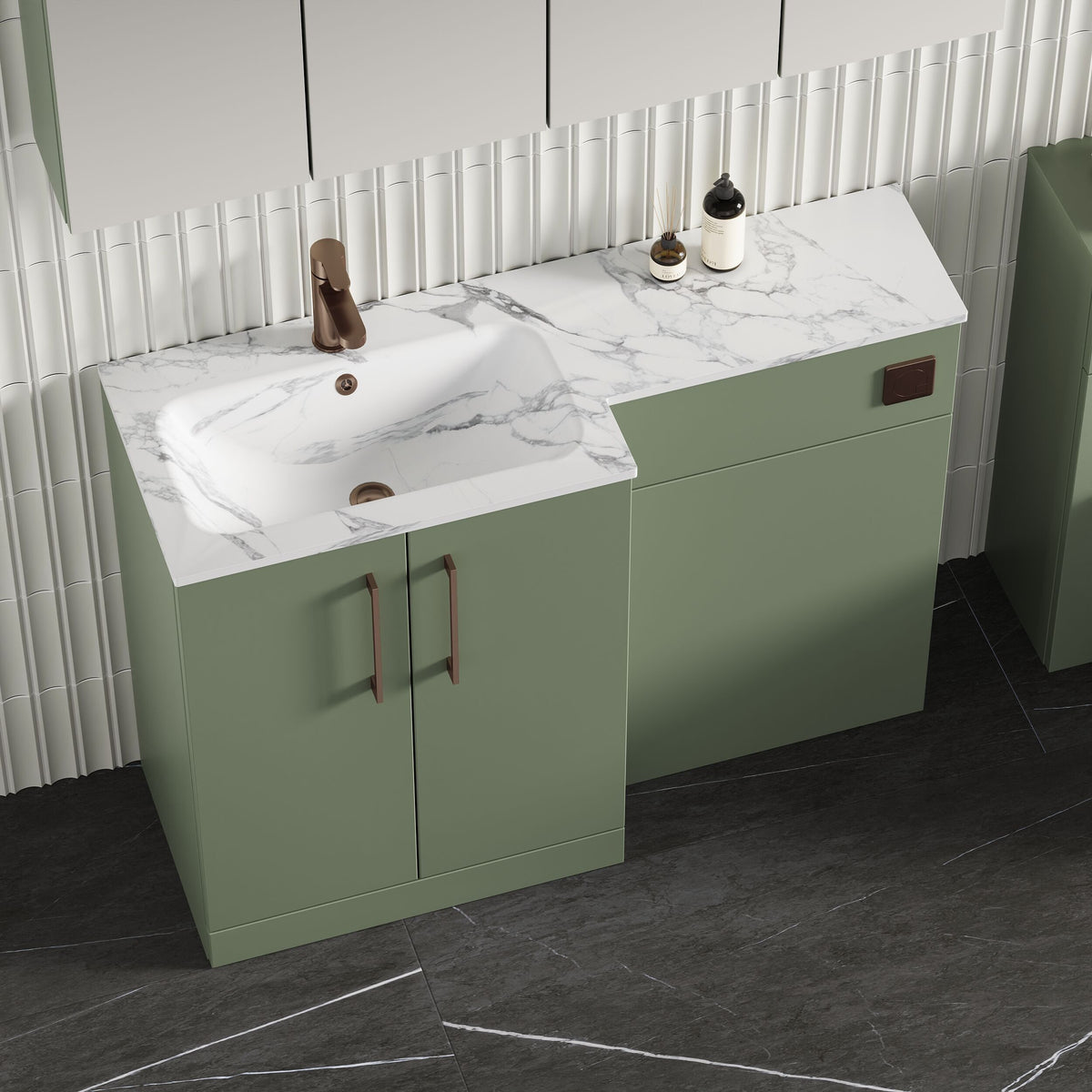 Modern Splash 1100mm Satin Green 2 Door Floor Standing Left-Hand Combination Unit With Stone Basin