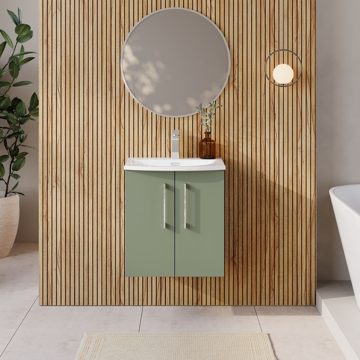 Modern Splash 500mm Satin Green 2 Door Wall Hung Vanity Unit With Curved Basin