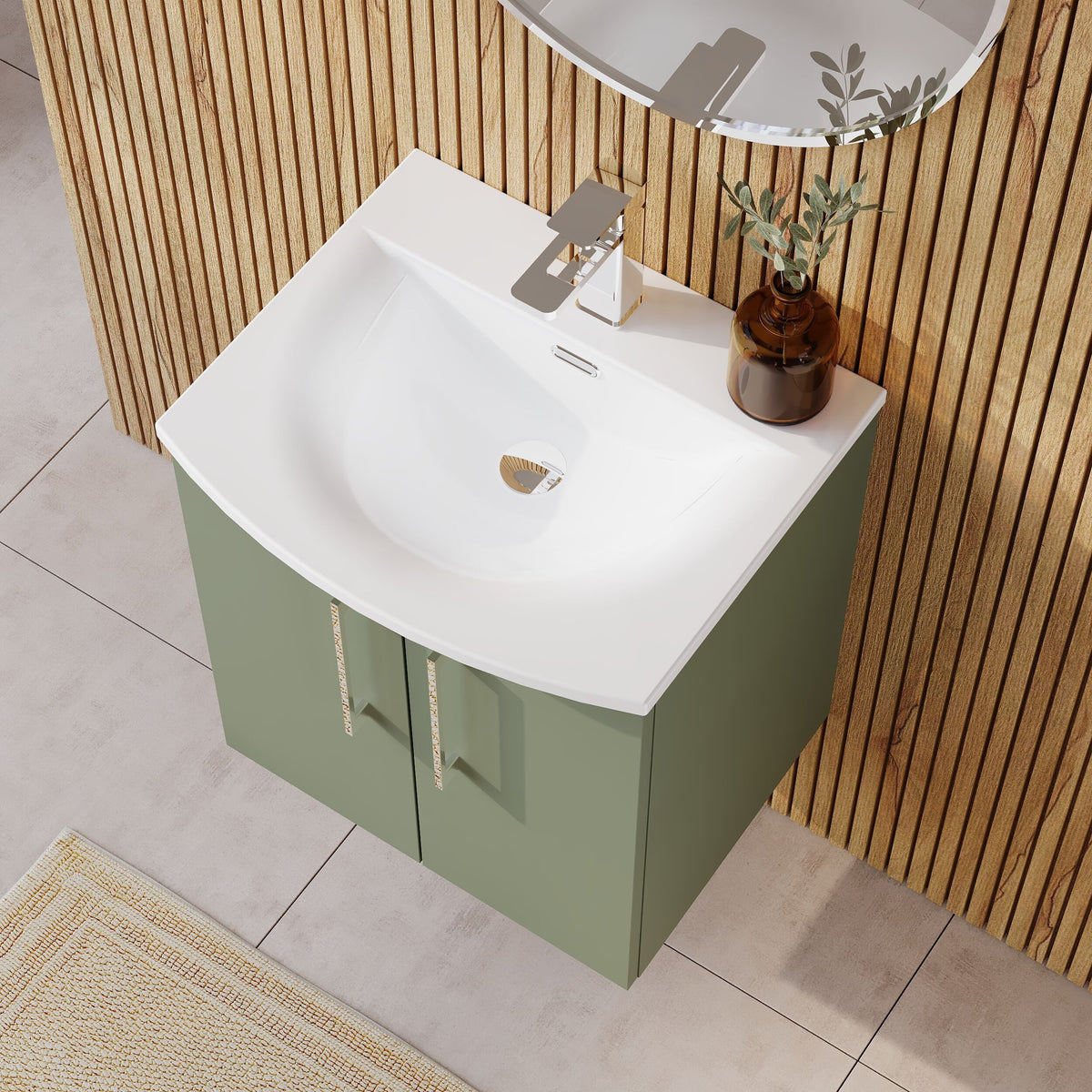 Modern Splash 500mm Satin Green 2 Door Wall Hung Vanity Unit With Curved Basin
