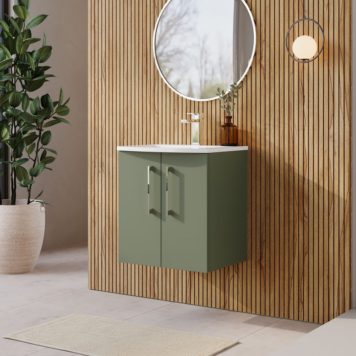 Modern Splash 500mm Satin Green 2 Door Wall Hung Vanity Unit With Curved Basin