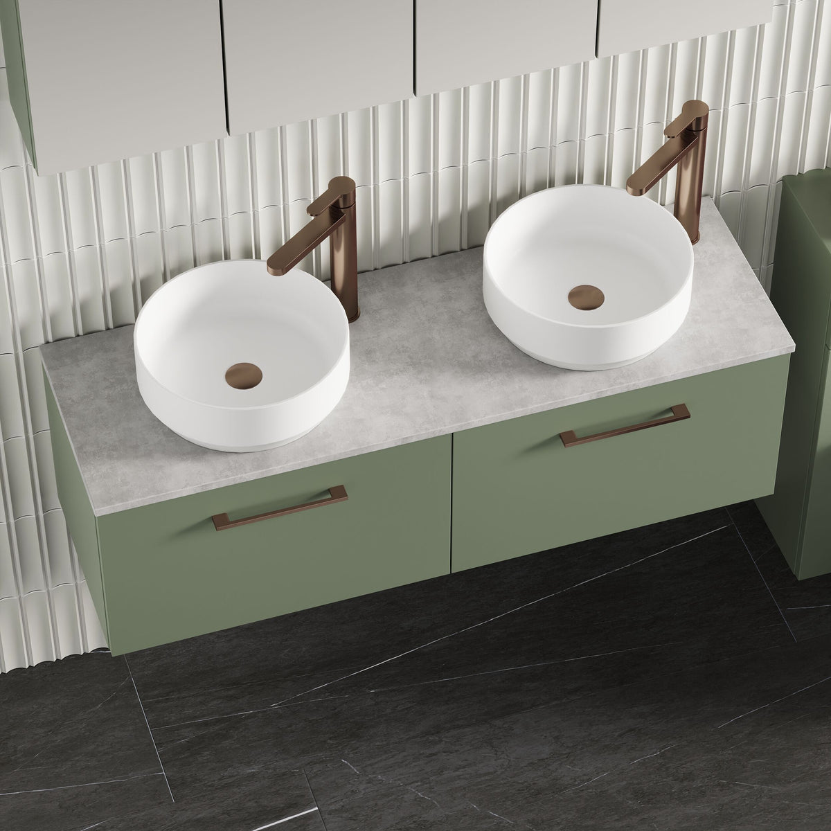 Modern Splash 1200mm Satin Green 2 Drawer Wall Hung Vanity Unit With Bellato Grey Worktop